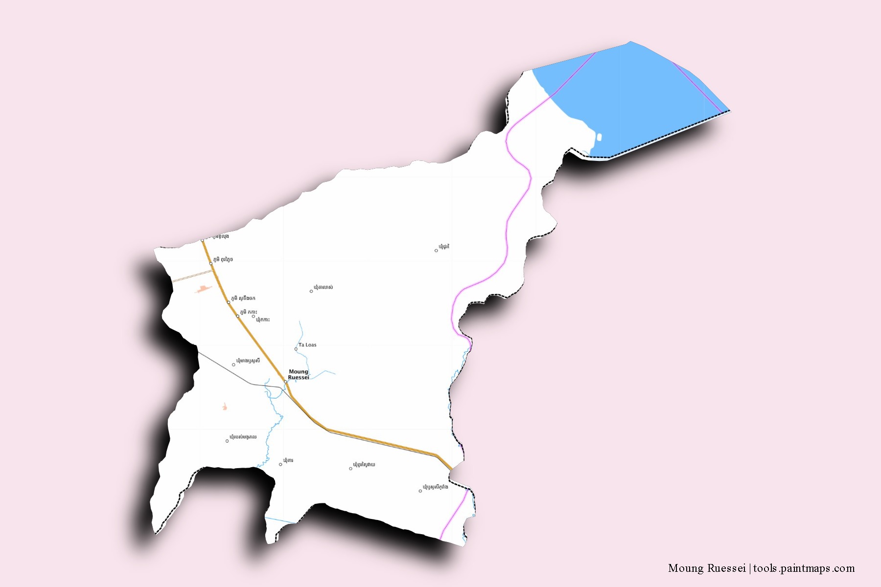 Moung Ruessei neighborhoods and villages map with 3D shadow effect