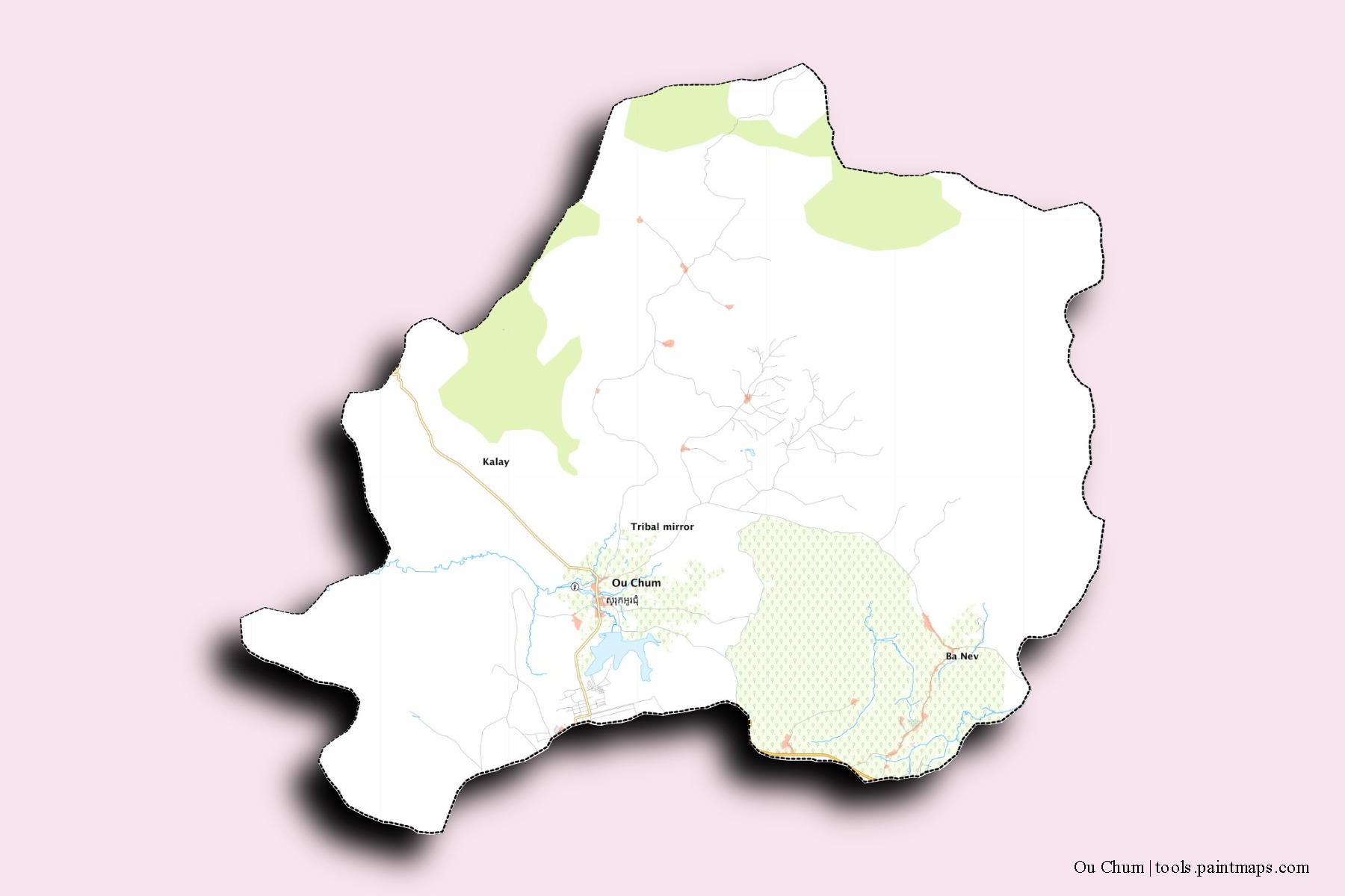 Ou Chum neighborhoods and villages map with 3D shadow effect