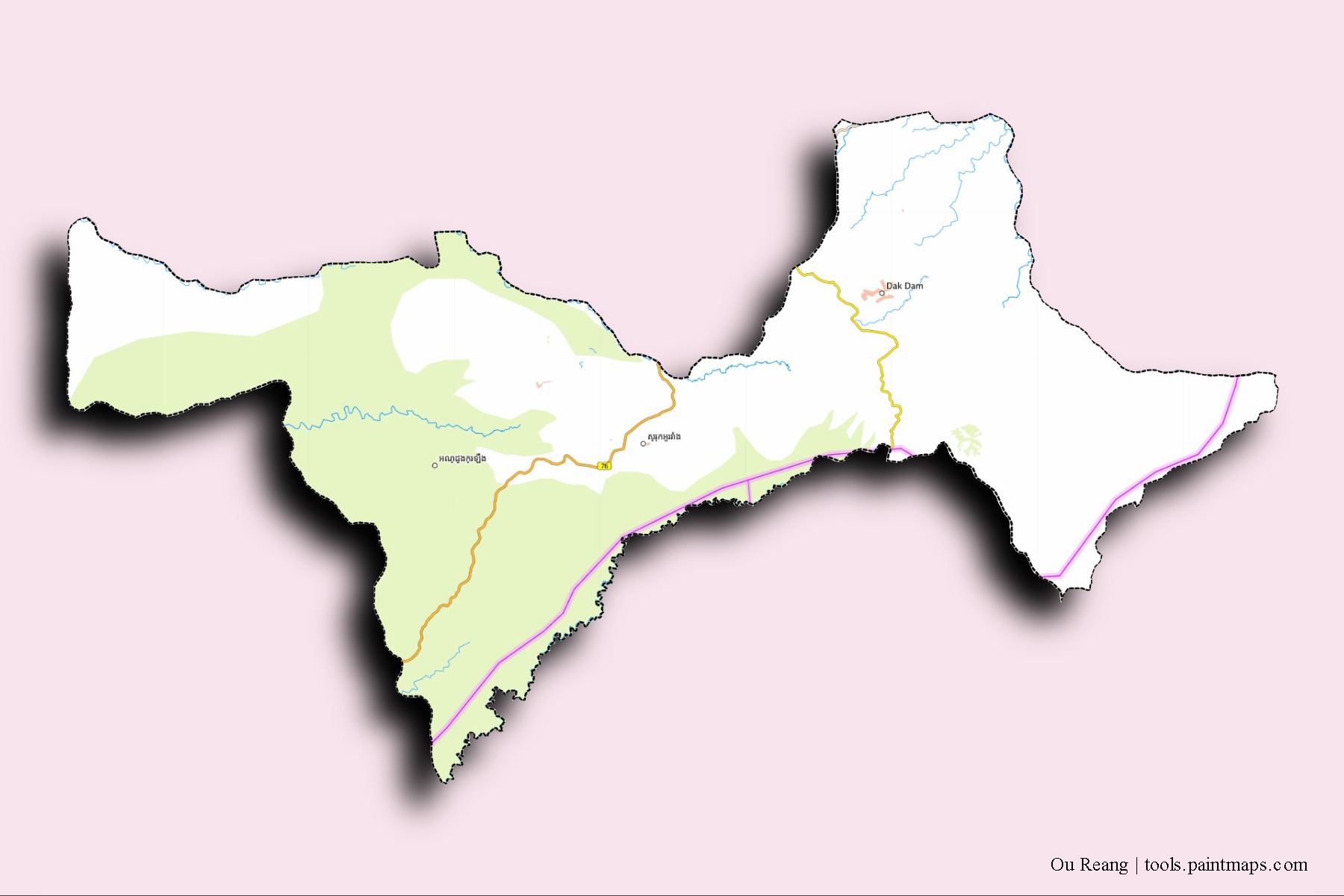 Mapa de barrios y pueblos de Ou Reang con efecto de sombra 3D