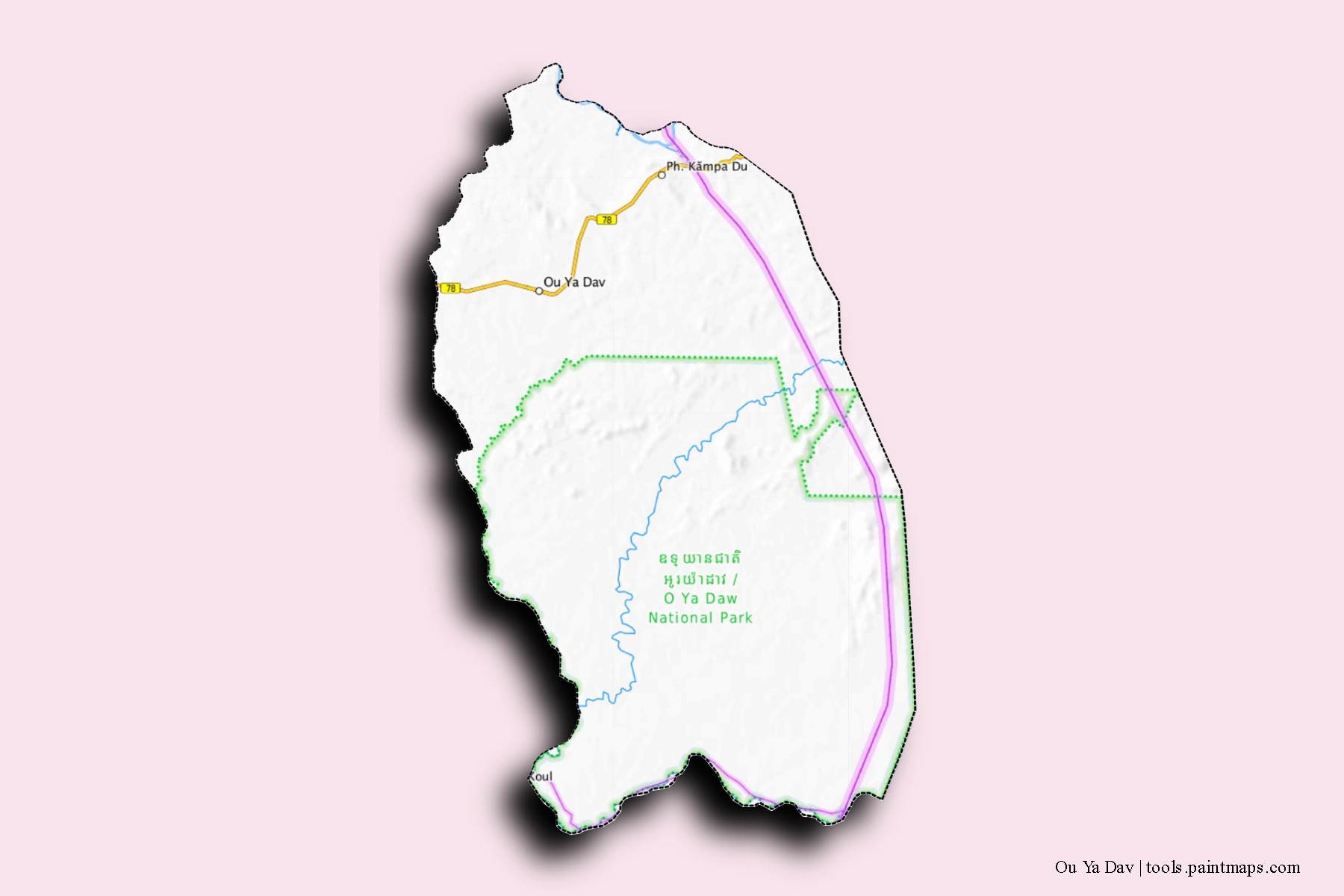 Ou Ya Dav neighborhoods and villages map with 3D shadow effect