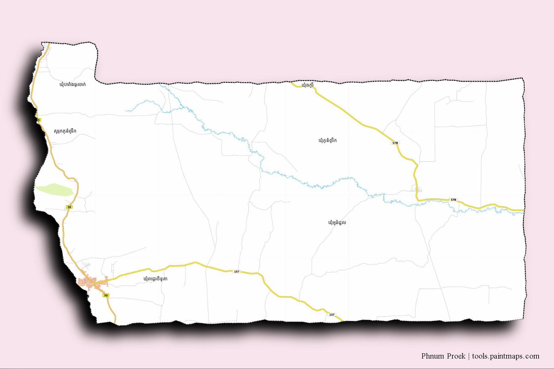 Mapa de barrios y pueblos de Phnum Proek con efecto de sombra 3D