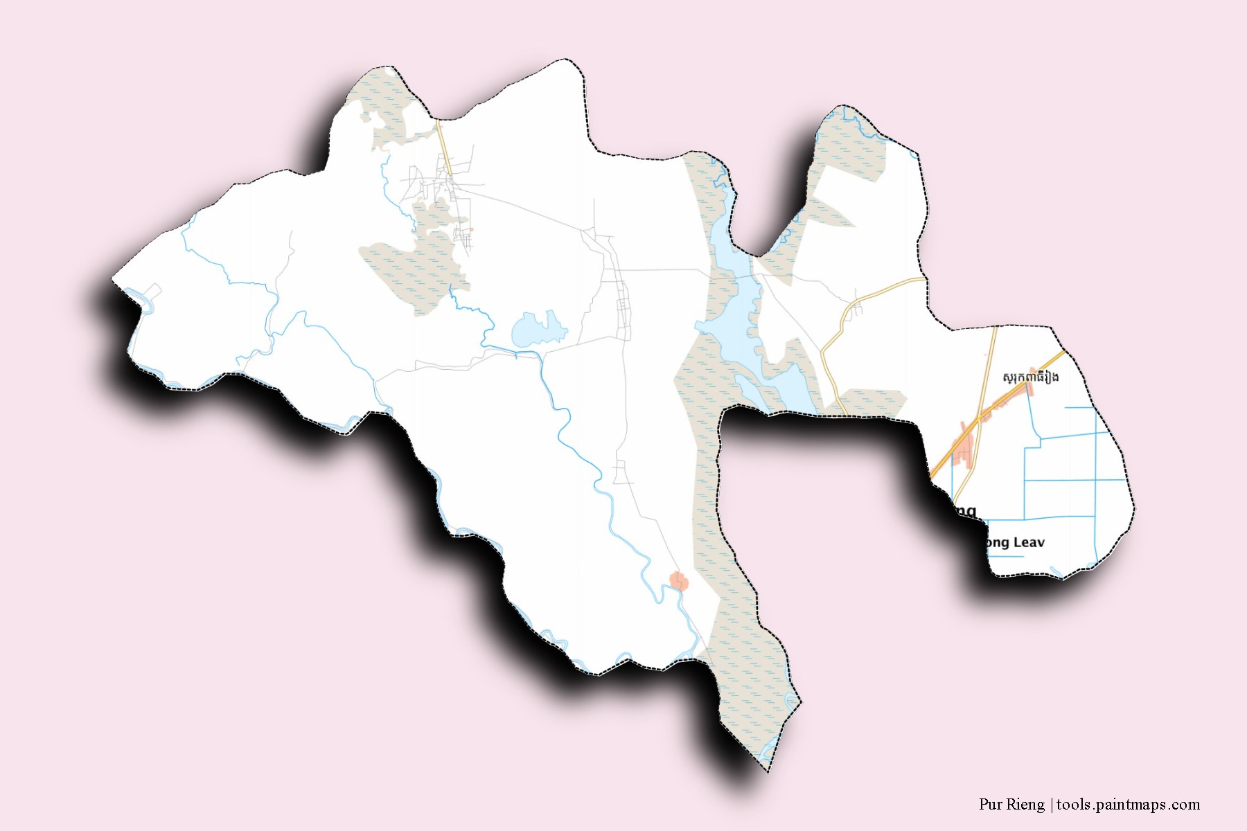 Mapa de barrios y pueblos de Pur Rieng con efecto de sombra 3D