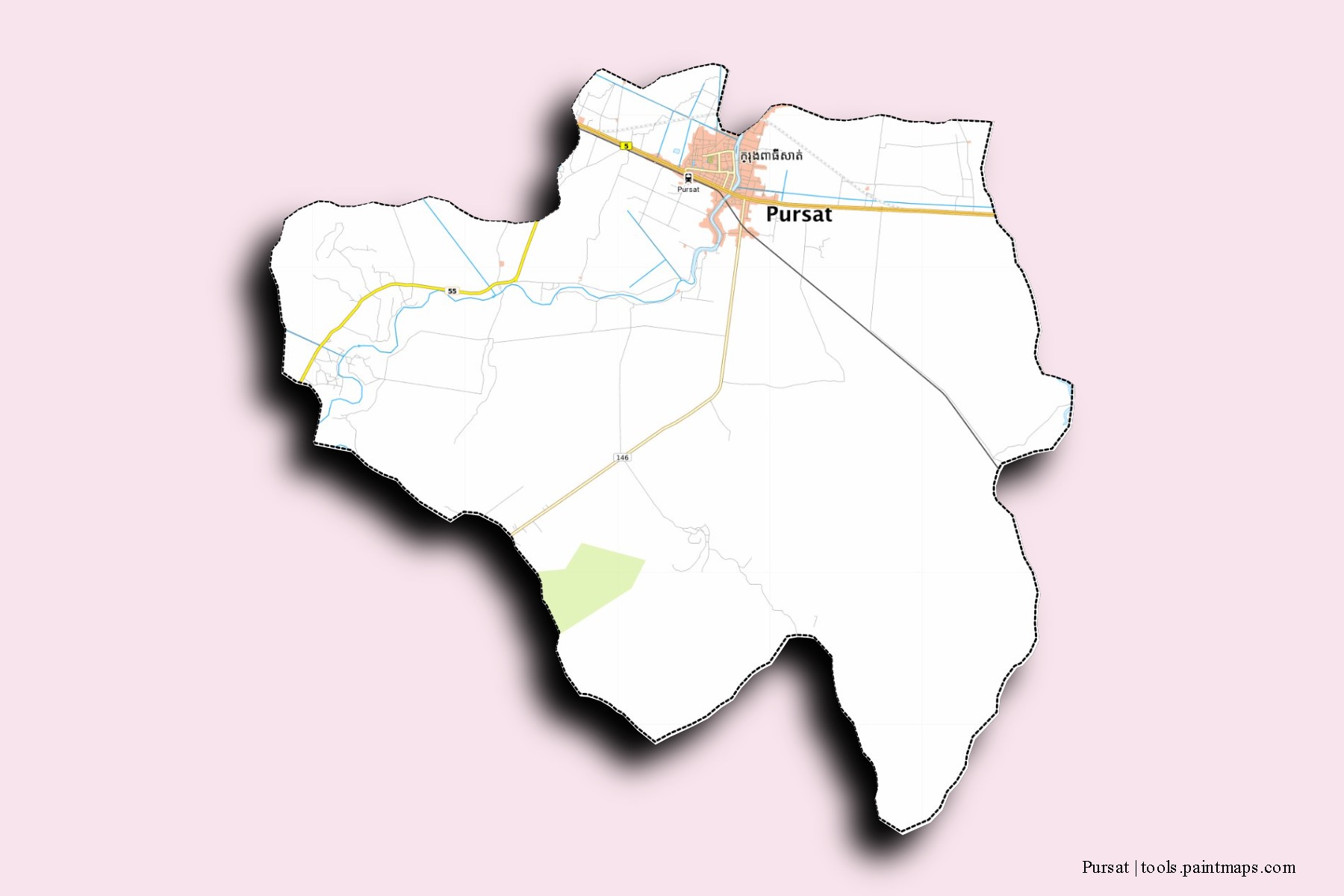 Mapa de barrios y pueblos de Pursat con efecto de sombra 3D