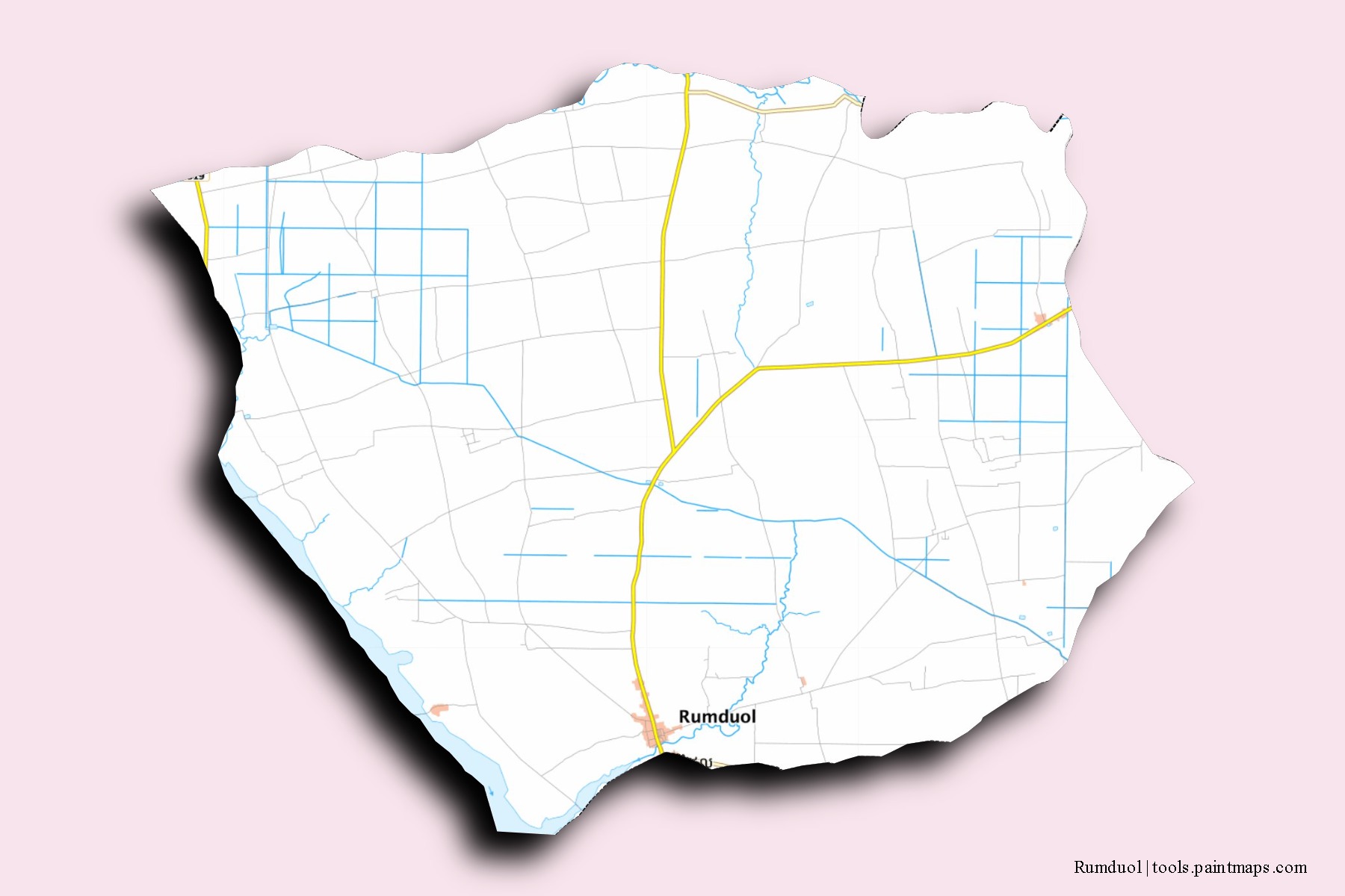 Mapa de barrios y pueblos de Rumduol con efecto de sombra 3D