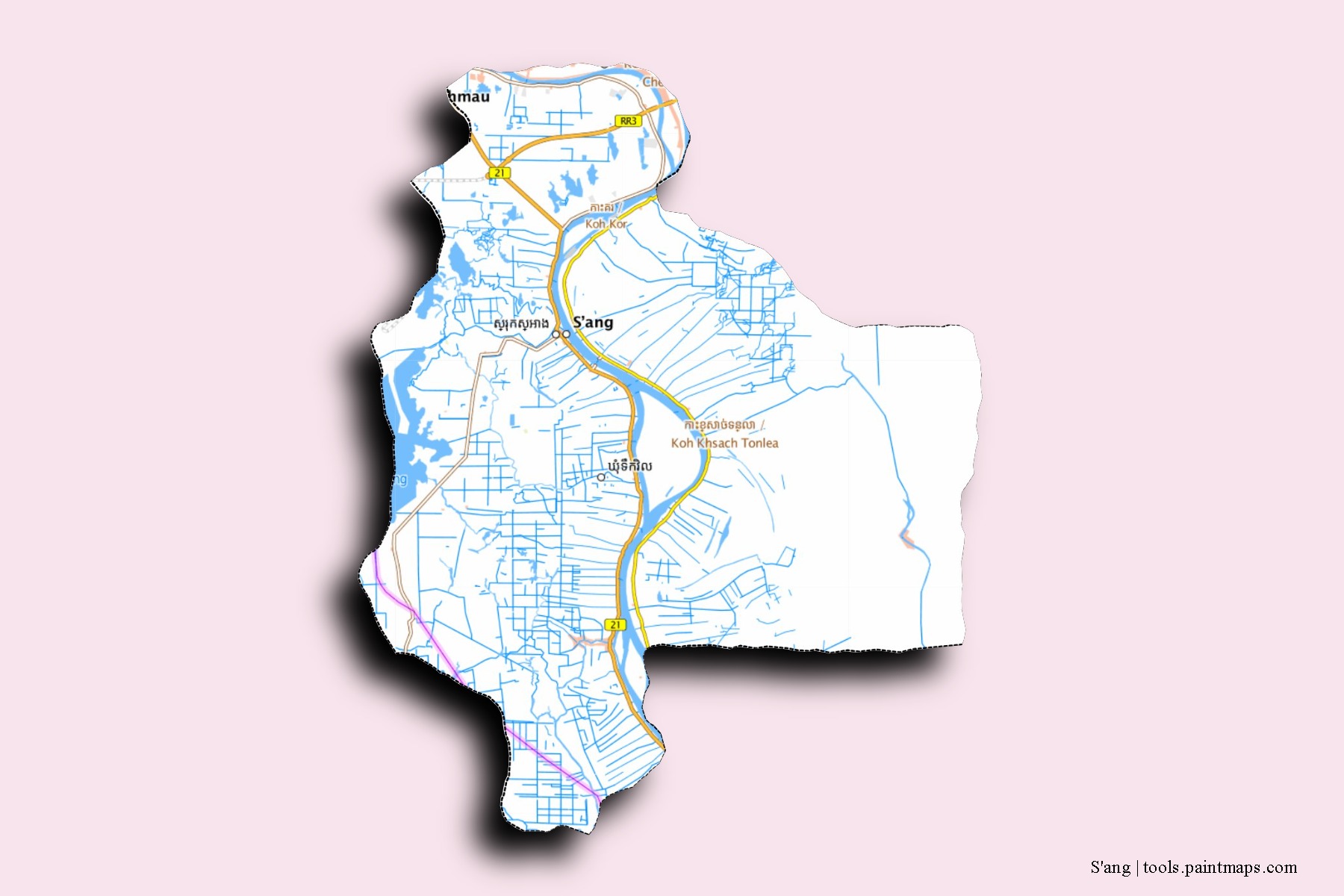 Mapa de barrios y pueblos de S'ang con efecto de sombra 3D