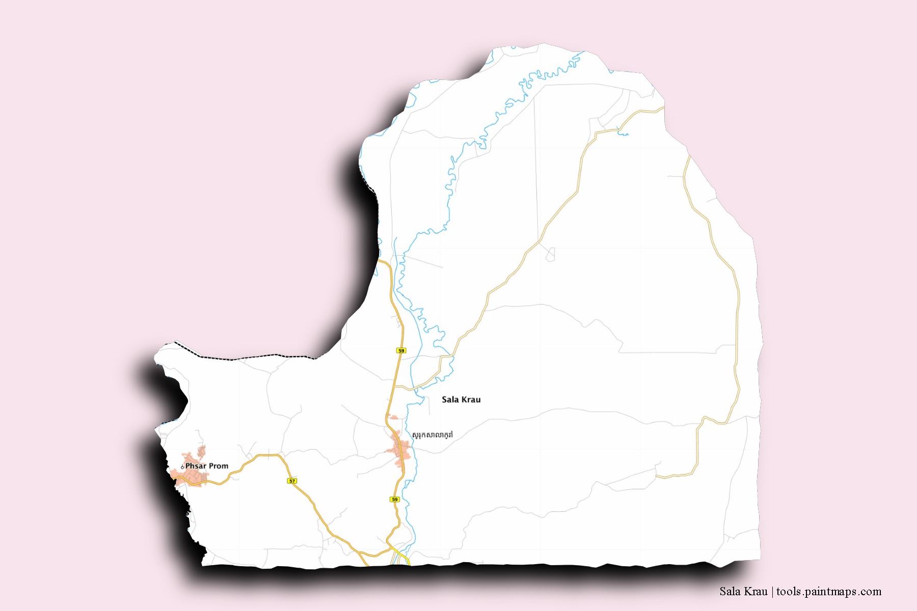 Mapa de barrios y pueblos de Sala Krau con efecto de sombra 3D