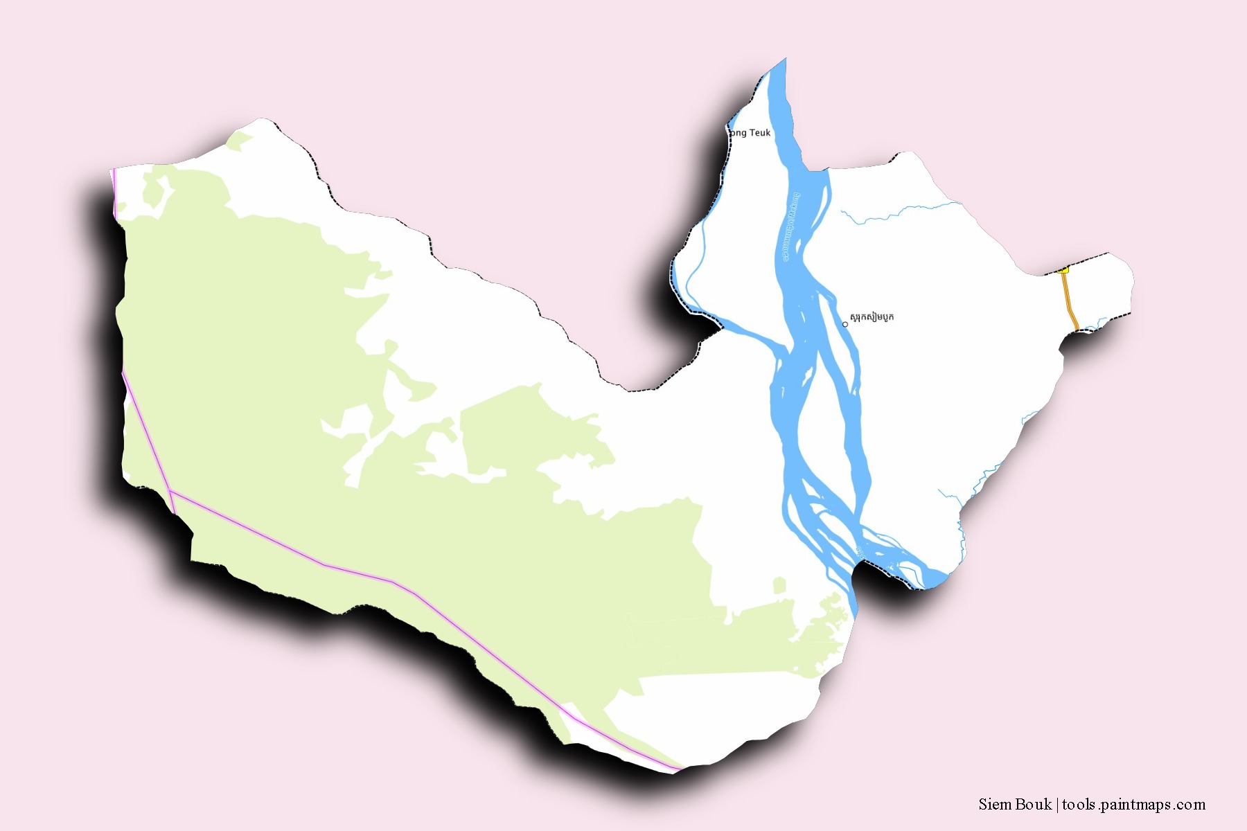 Mapa de barrios y pueblos de Siem Bouk con efecto de sombra 3D