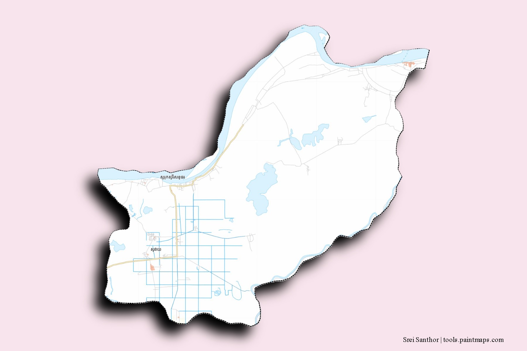 Srei Santhor neighborhoods and villages map with 3D shadow effect