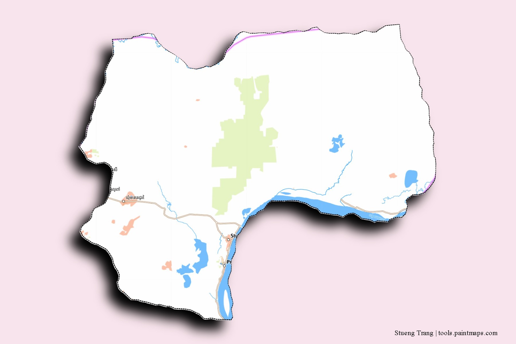 Mapa de barrios y pueblos de Stueng Trang con efecto de sombra 3D