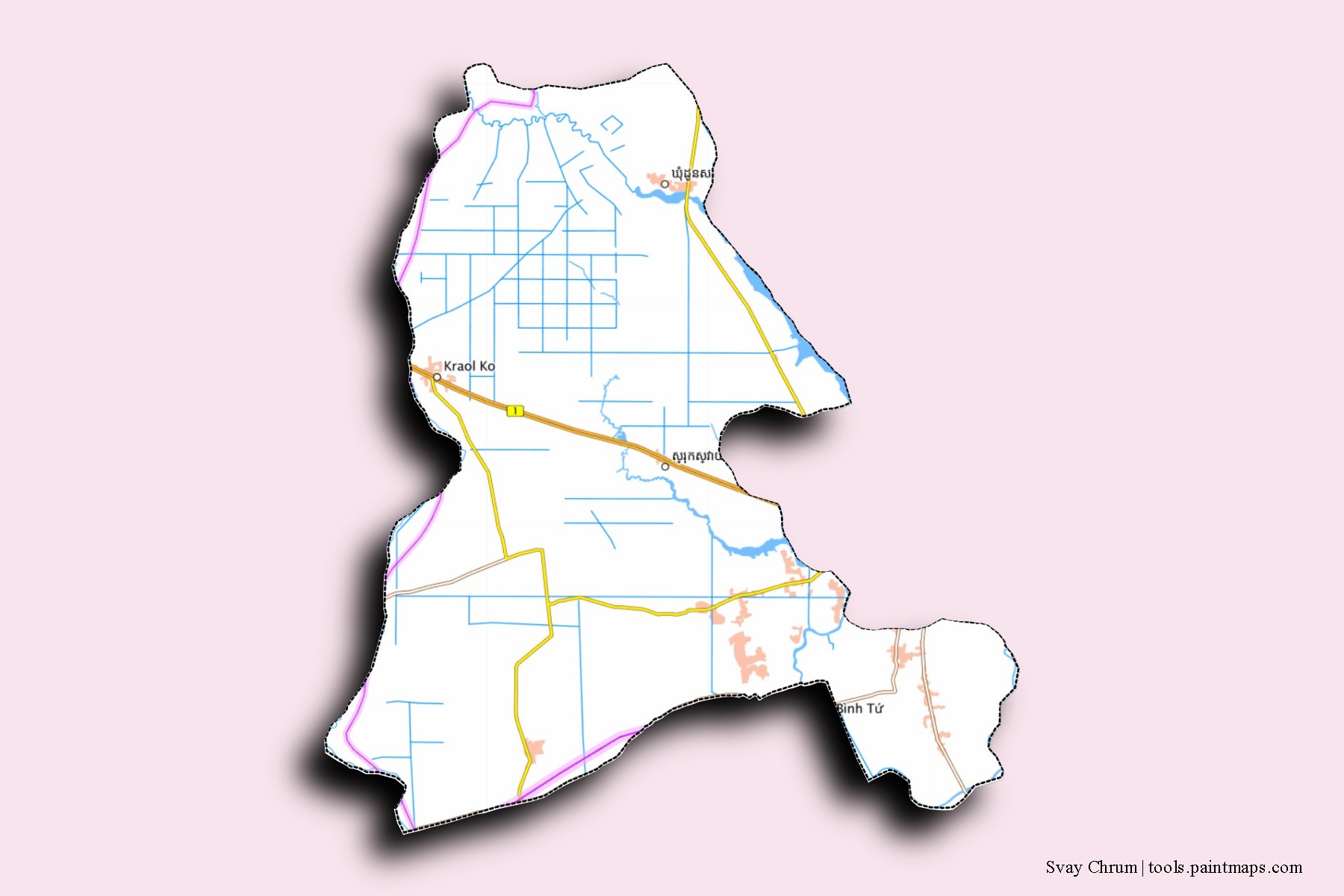 Svay Chrum neighborhoods and villages map with 3D shadow effect