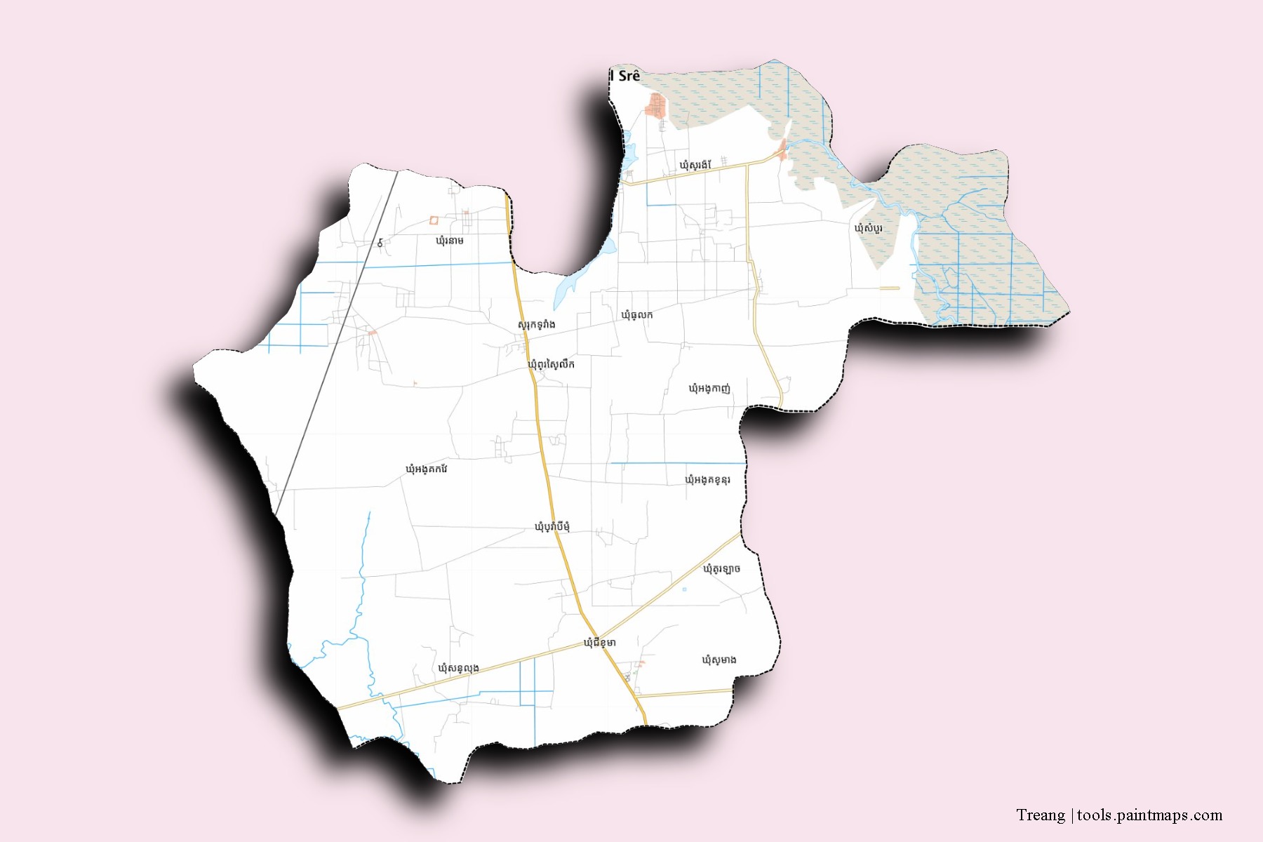 Mapa de barrios y pueblos de Treang con efecto de sombra 3D