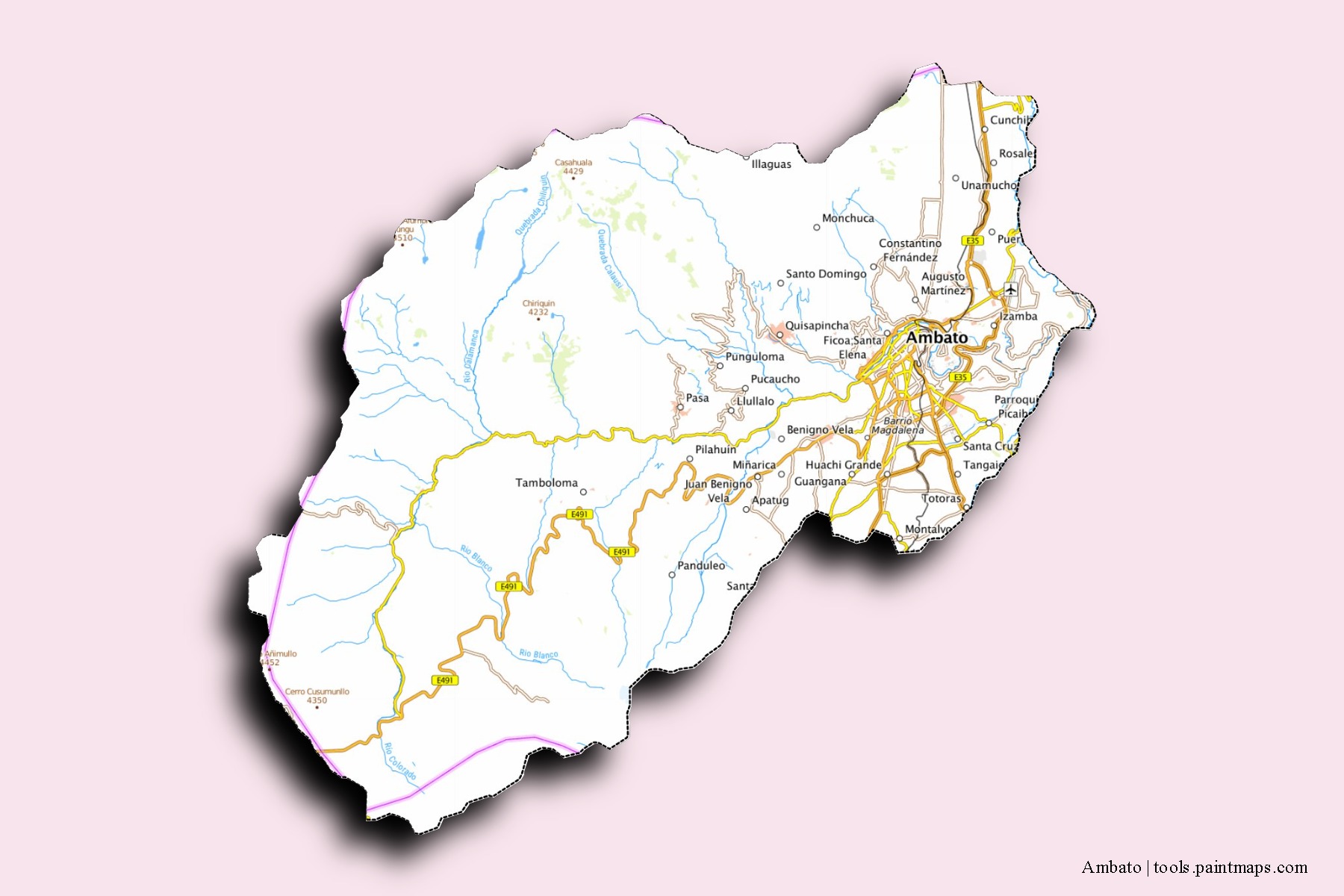 Mapa de barrios y pueblos de Ambato con efecto de sombra 3D