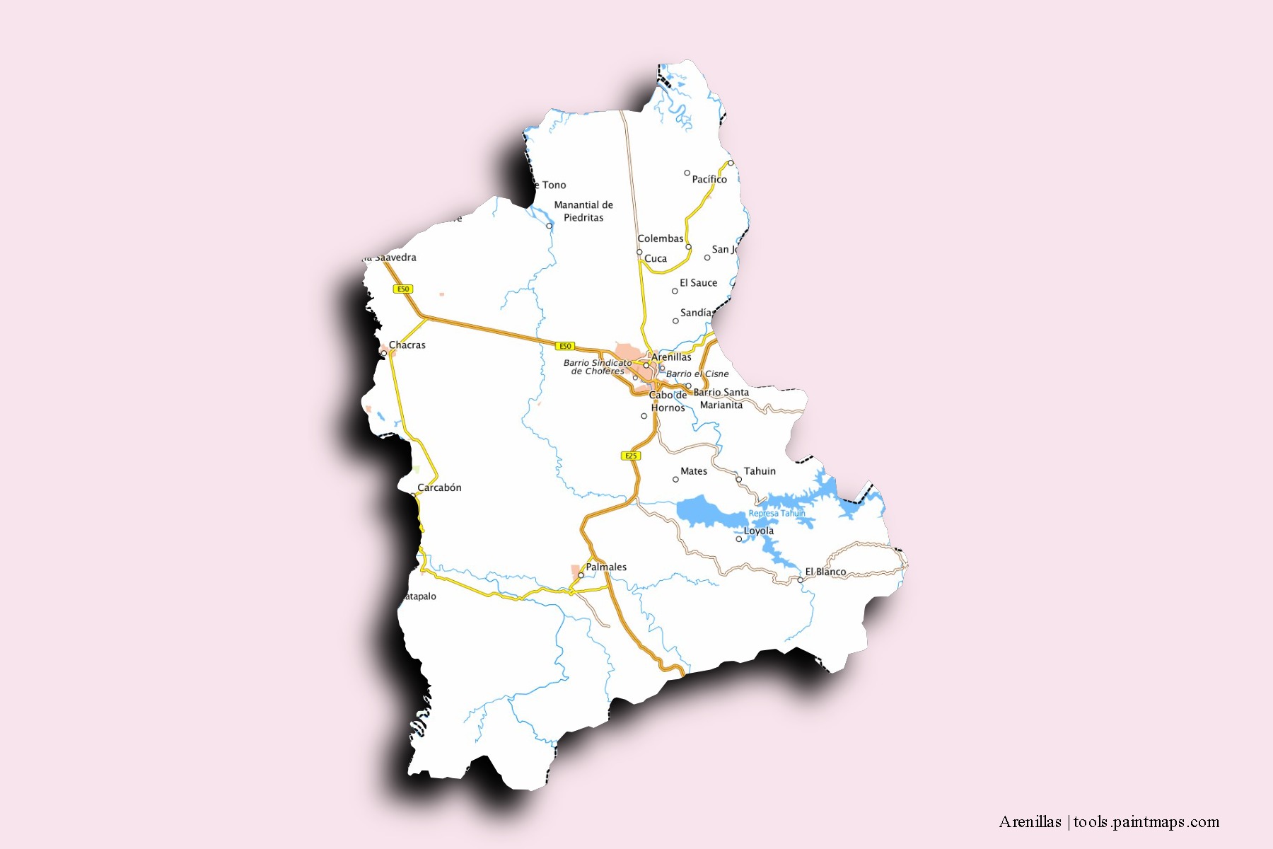 Mapa de barrios y pueblos de Arenillas con efecto de sombra 3D