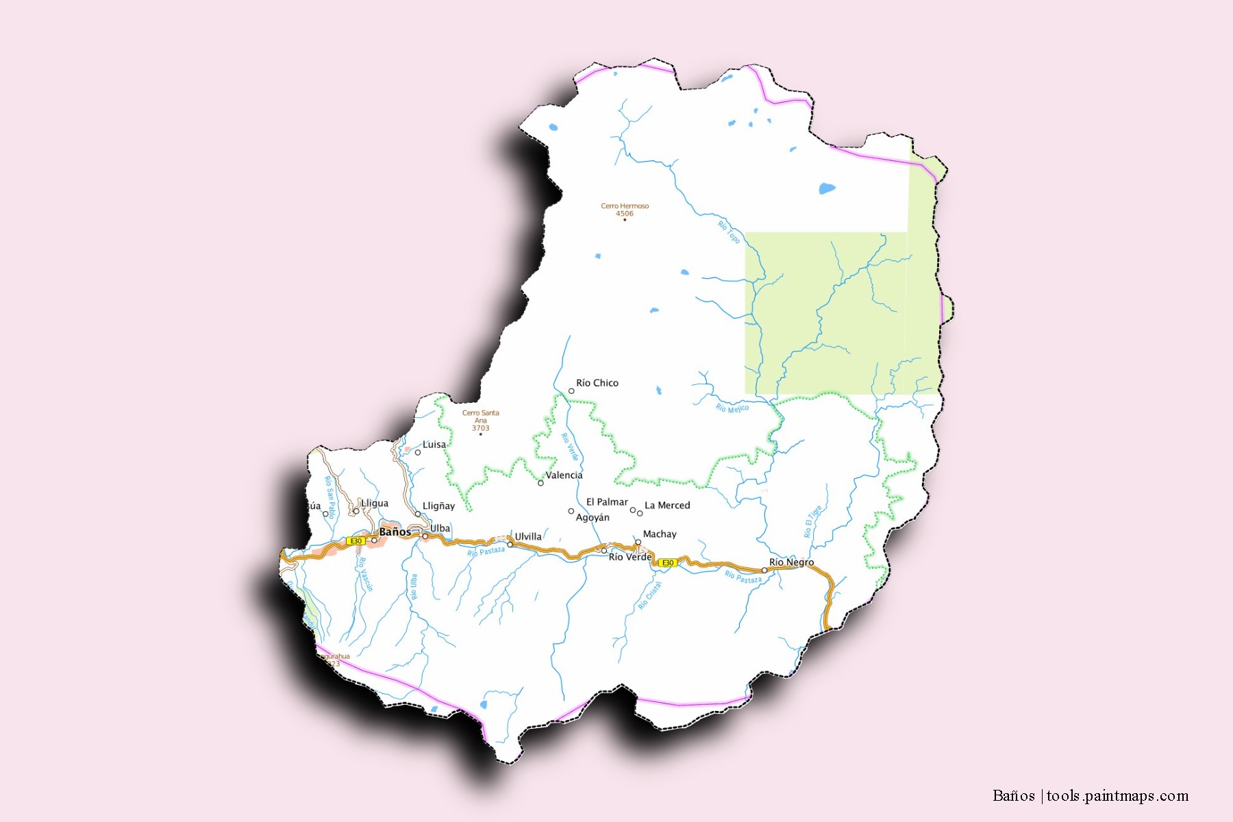 Mapa de barrios y pueblos de Baños con efecto de sombra 3D