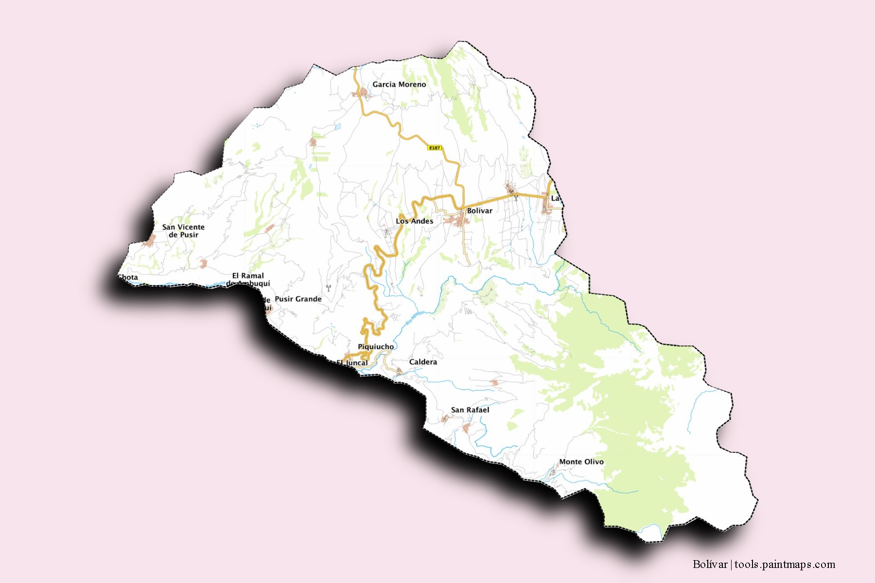 Mapa de barrios y pueblos de Bolívar con efecto de sombra 3D