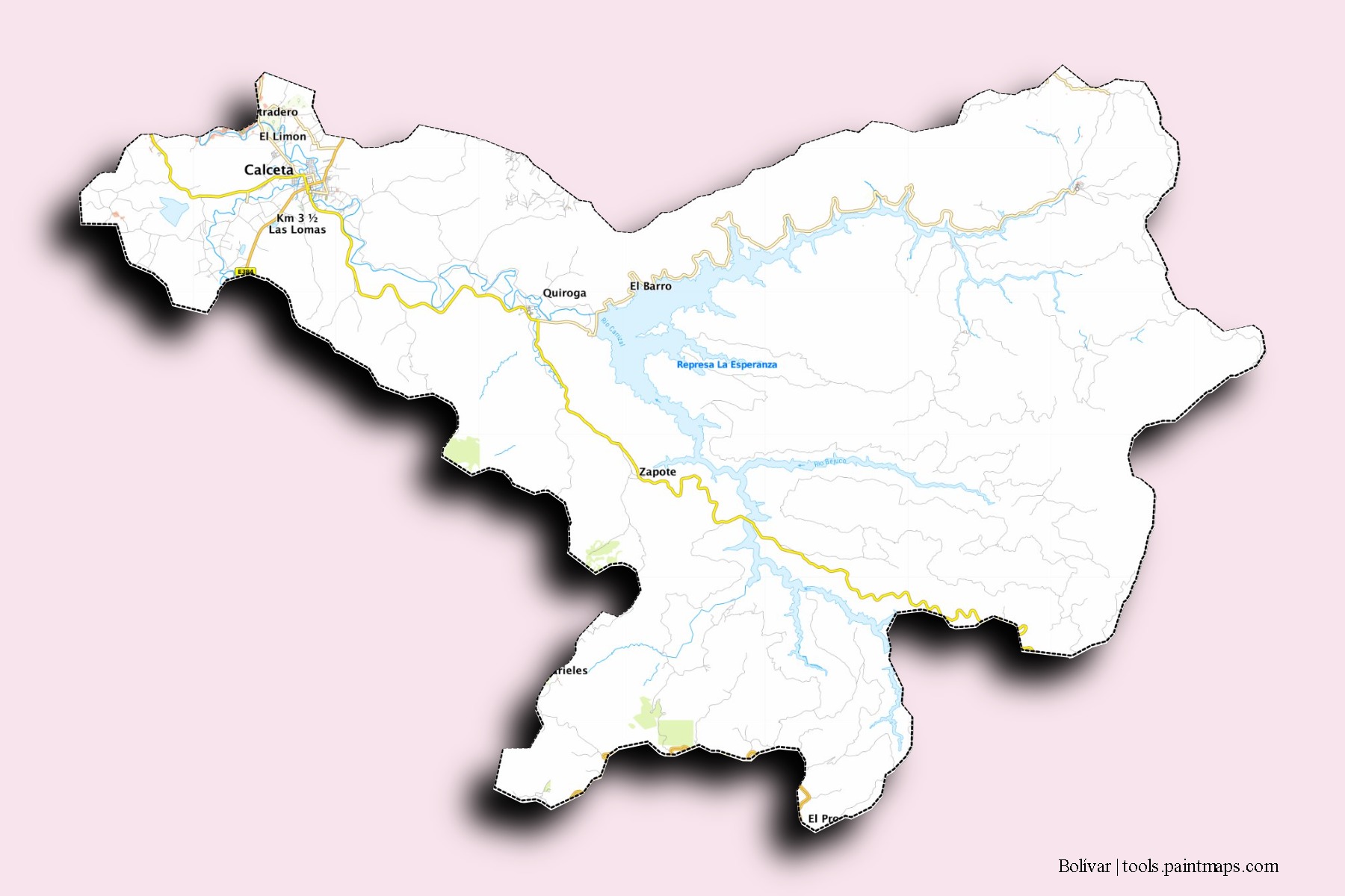 Mapa de barrios y pueblos de Bolívar con efecto de sombra 3D