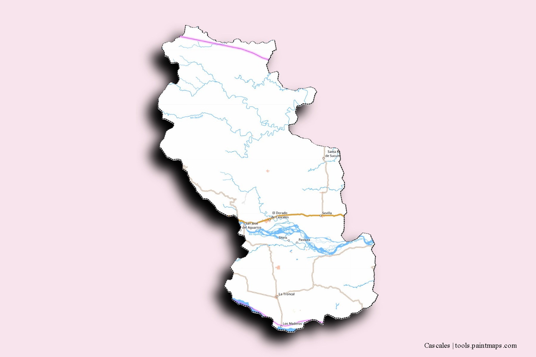 Mapa de barrios y pueblos de Cascales con efecto de sombra 3D