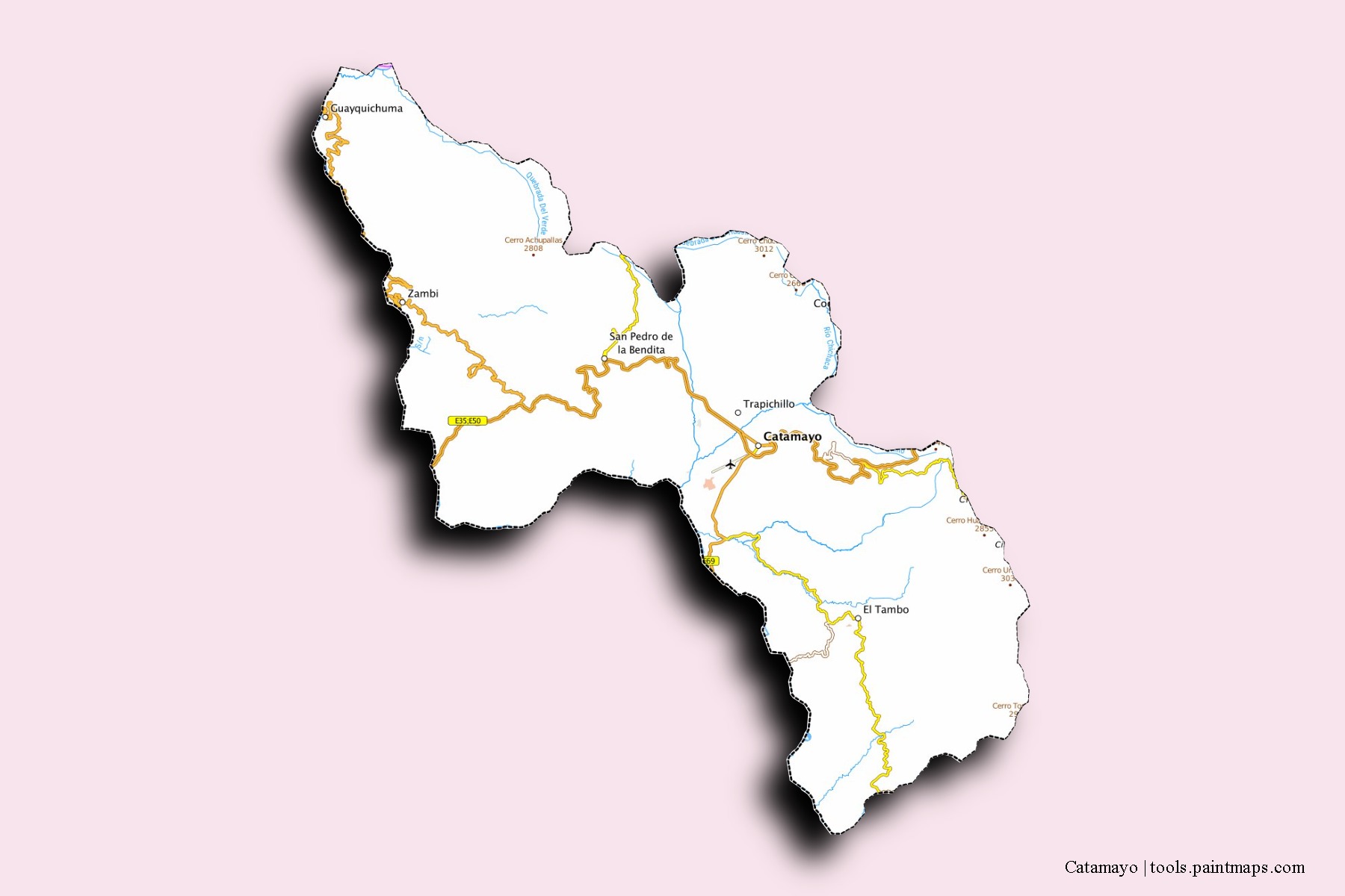 Mapa de barrios y pueblos de Catamayo con efecto de sombra 3D