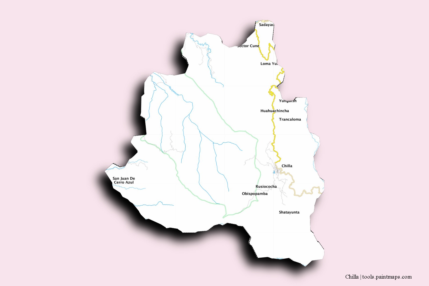 Mapa de barrios y pueblos de Chilla con efecto de sombra 3D