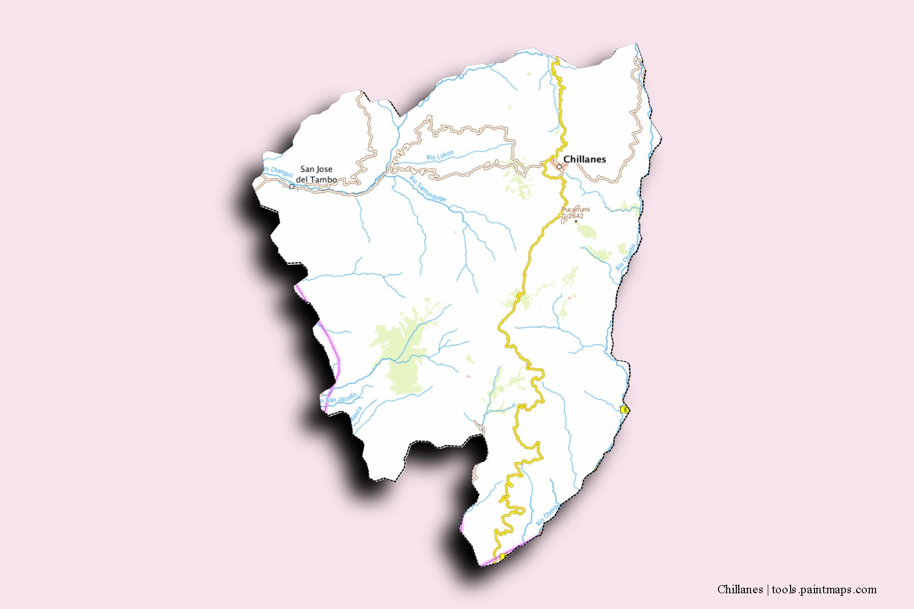 Mapa de barrios y pueblos de Chillanes con efecto de sombra 3D