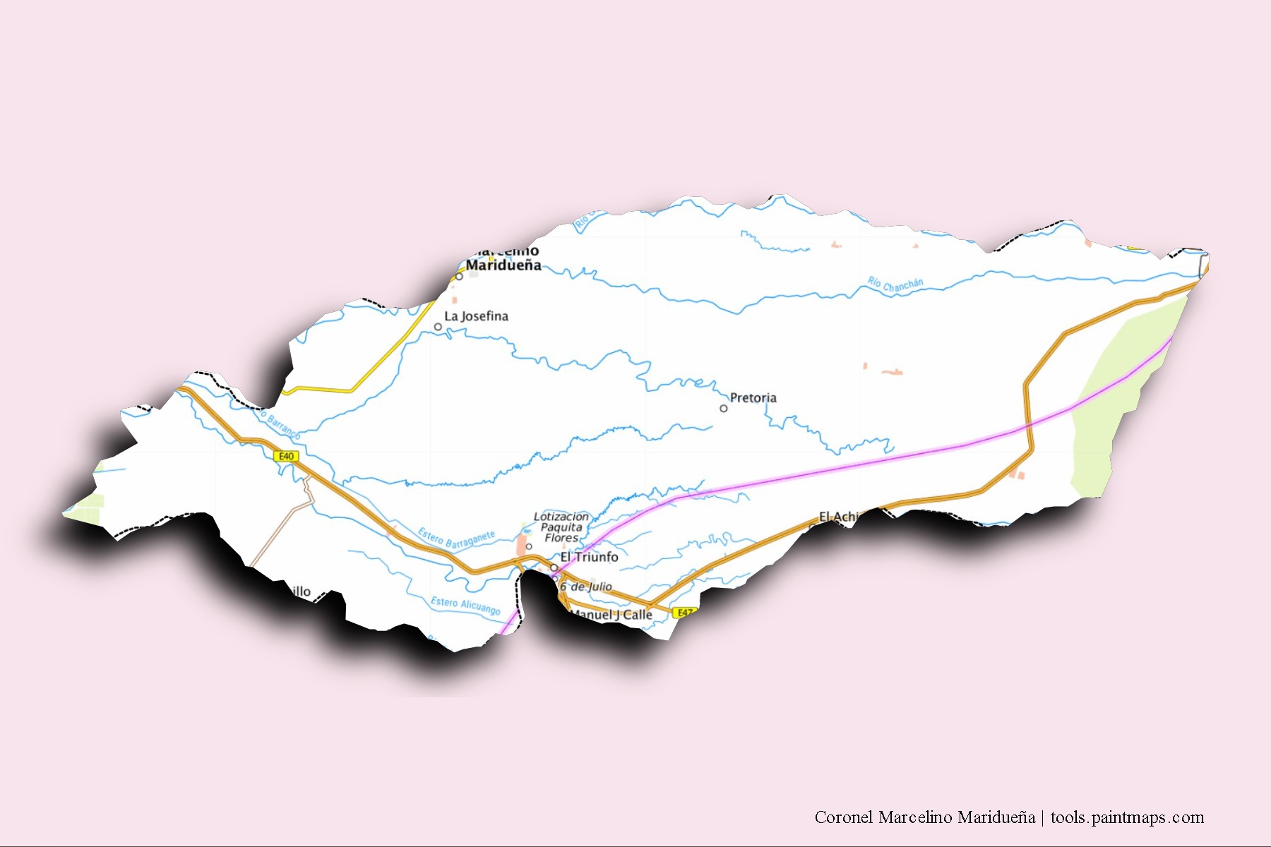 Coronel Marcelino Maridueña neighborhoods and villages map with 3D shadow effect