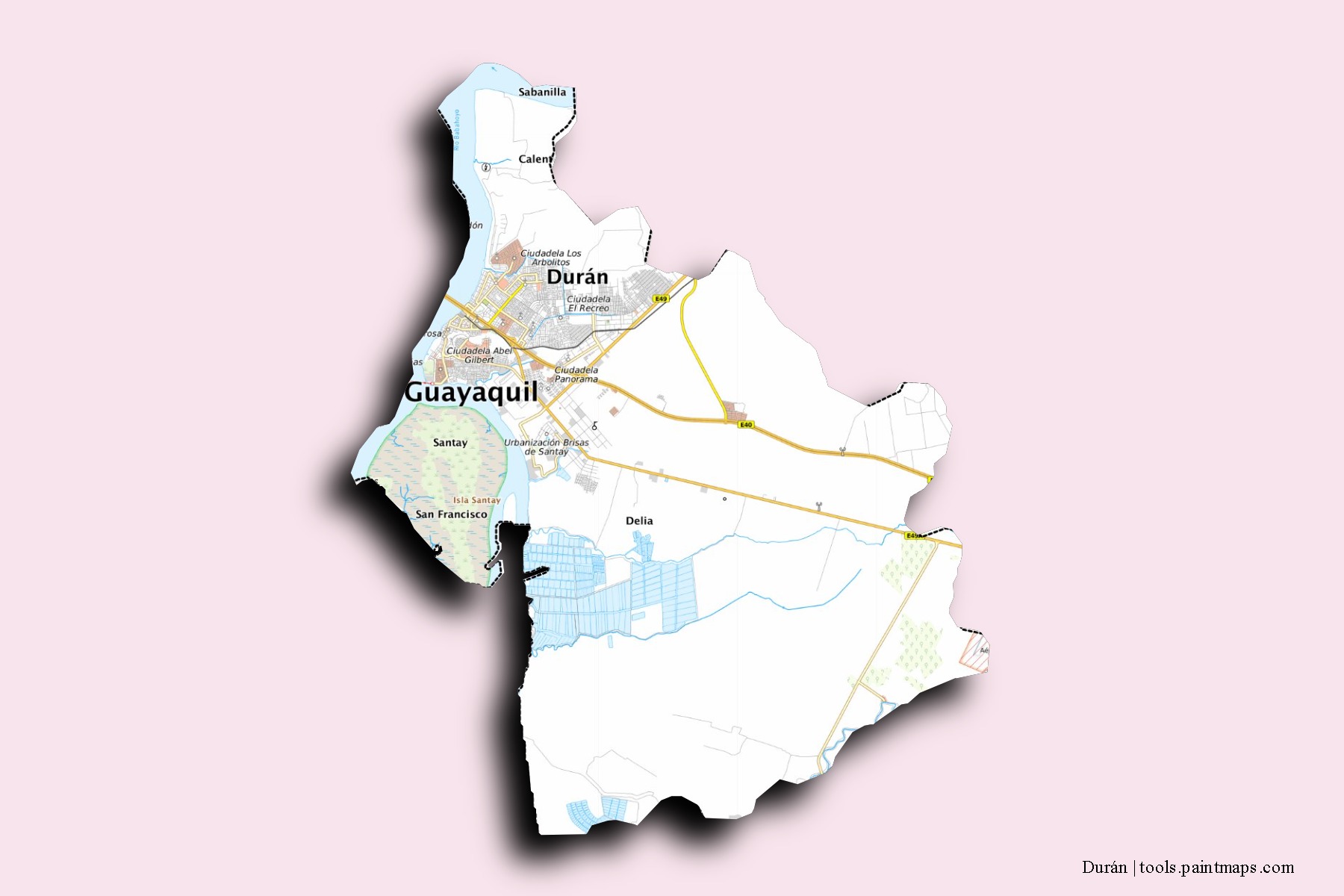 Mapa de barrios y pueblos de Durán con efecto de sombra 3D