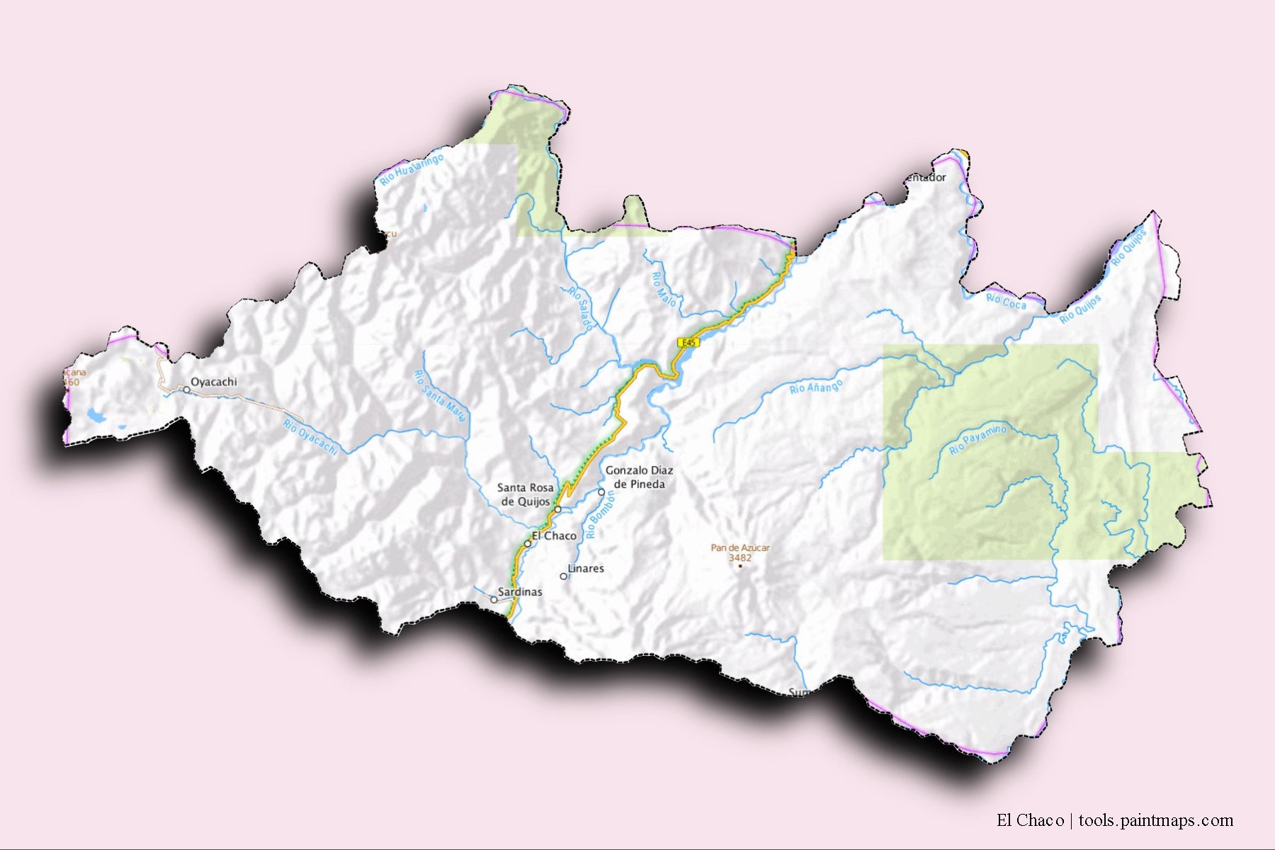 Mapa de barrios y pueblos de El Chaco con efecto de sombra 3D