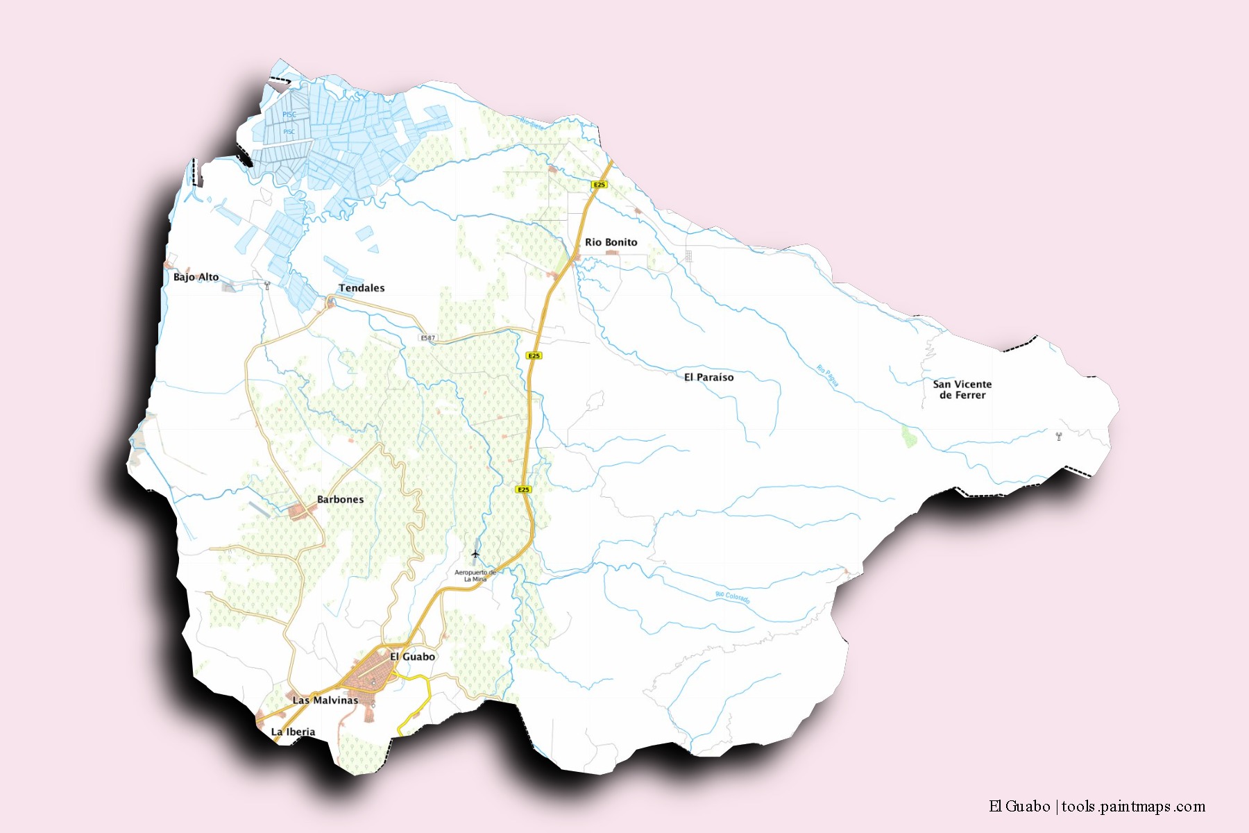 Mapa de barrios y pueblos de El Guabo con efecto de sombra 3D