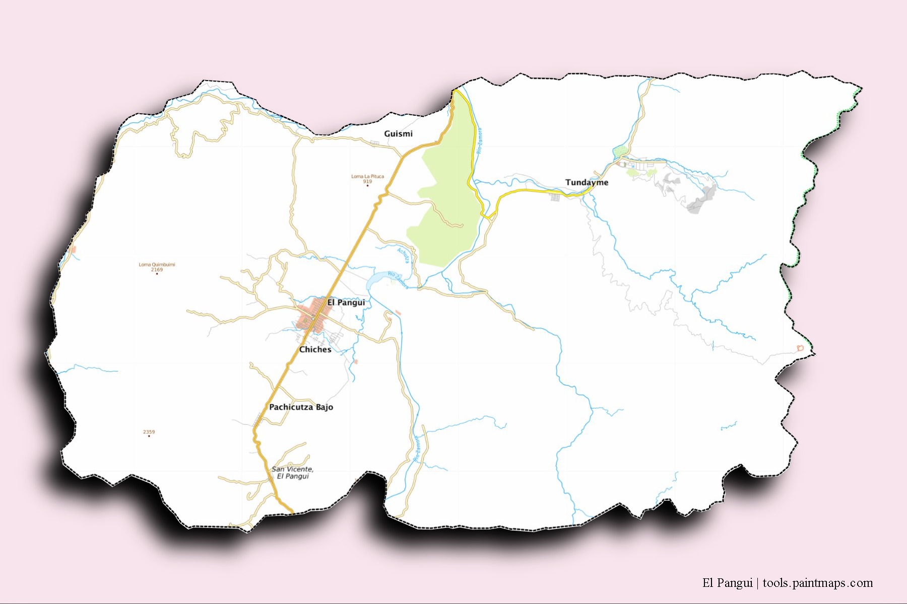 Mapa de barrios y pueblos de El Pangui con efecto de sombra 3D