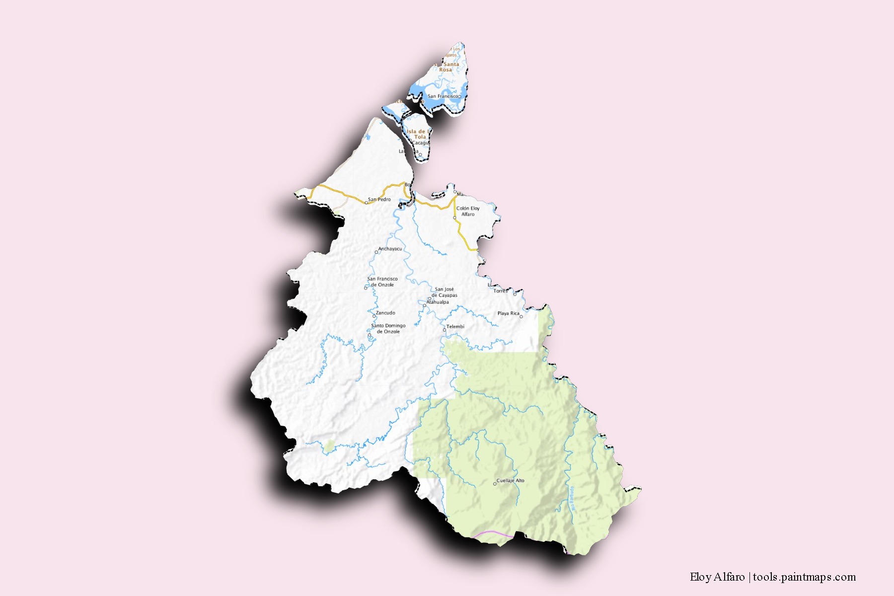 Mapa de barrios y pueblos de Eloy Alfaro con efecto de sombra 3D