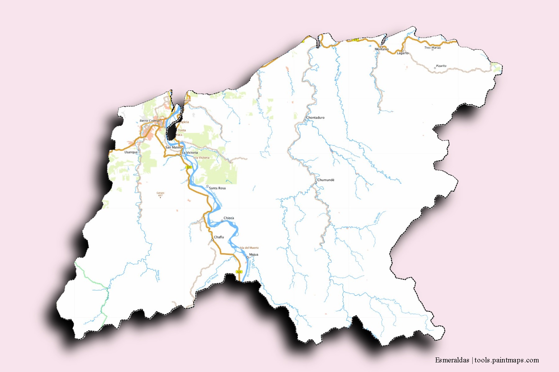 Mapa de barrios y pueblos de Esmeraldas con efecto de sombra 3D