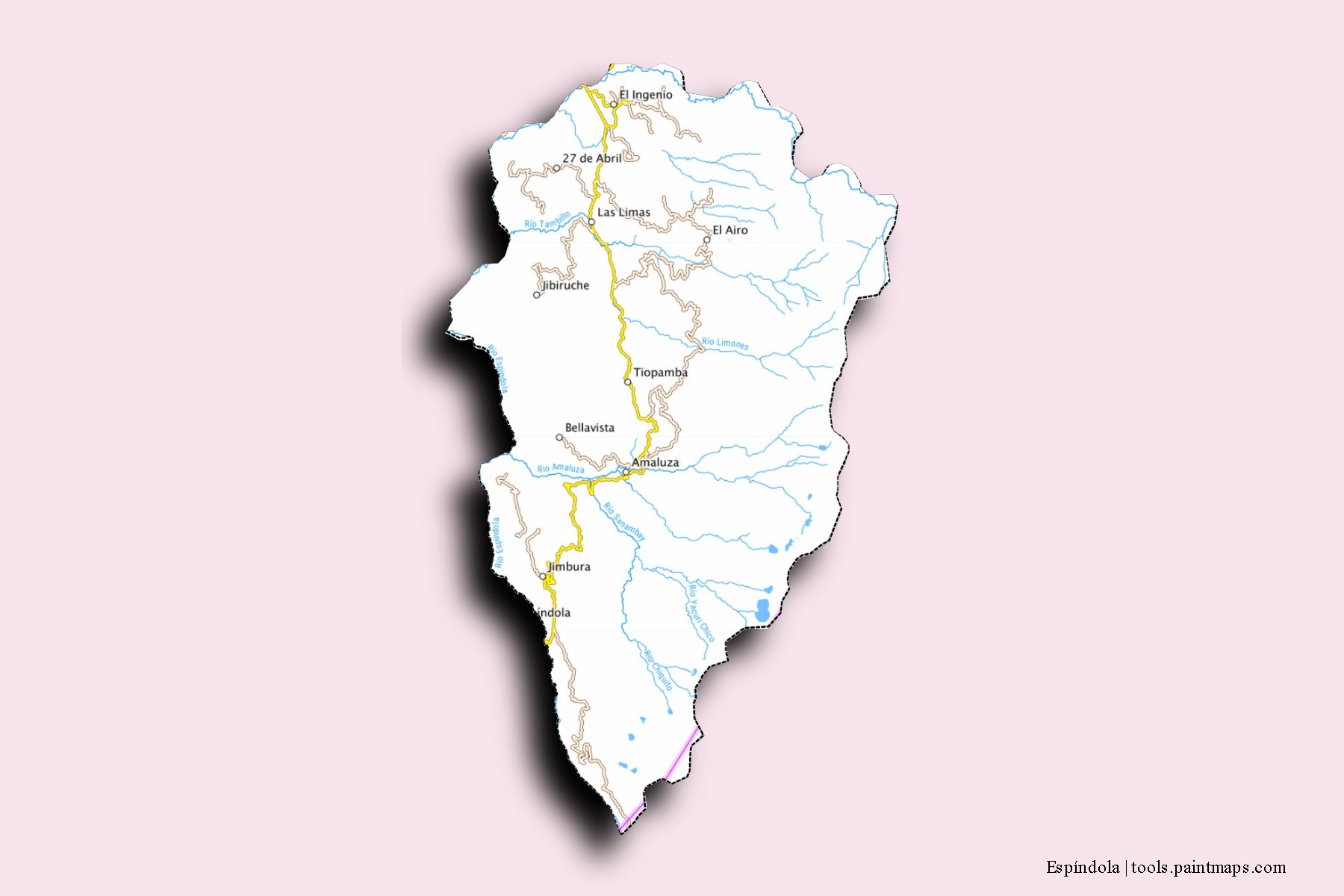 Mapa de barrios y pueblos de Espíndola con efecto de sombra 3D