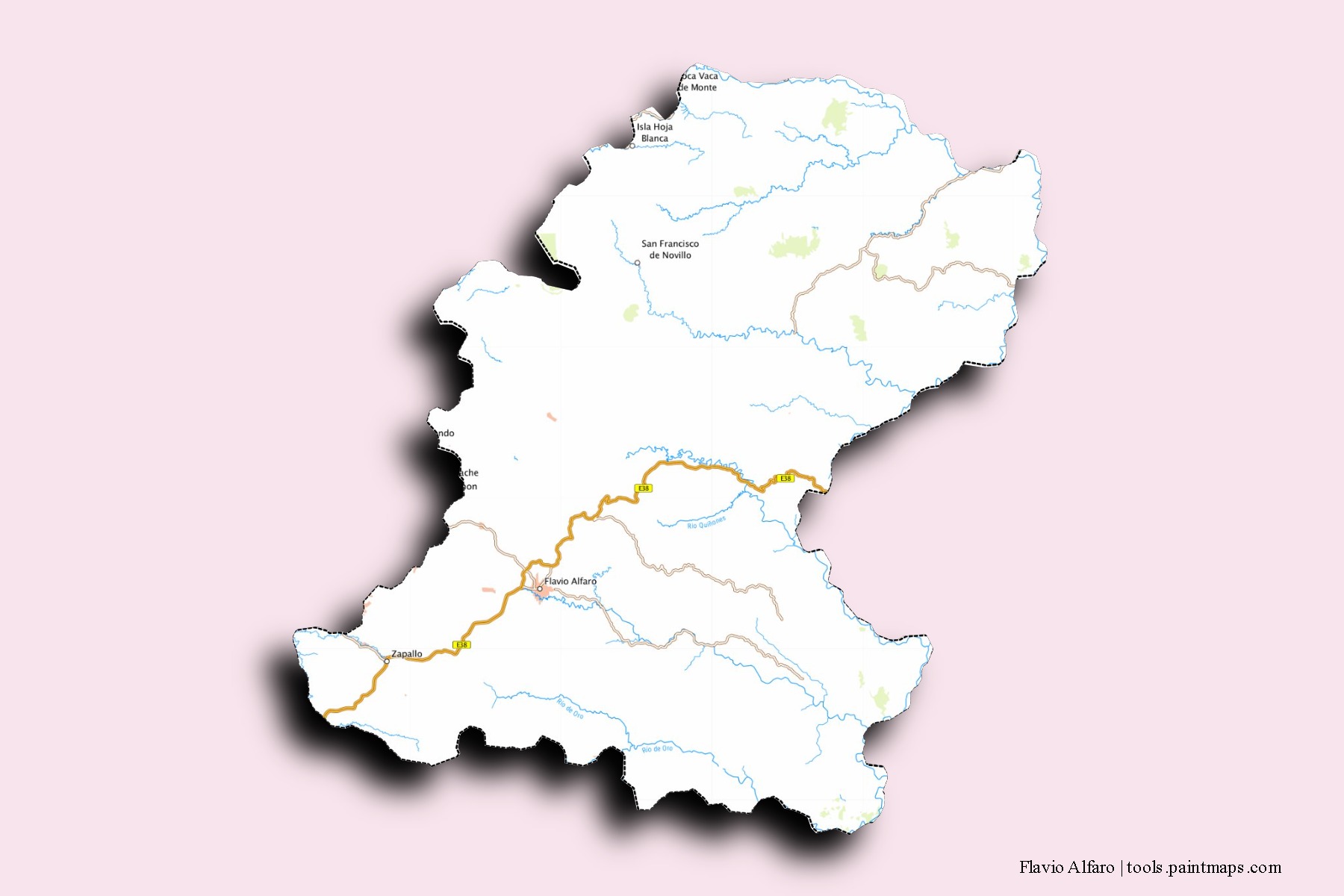 Mapa de barrios y pueblos de Flavio Alfaro con efecto de sombra 3D