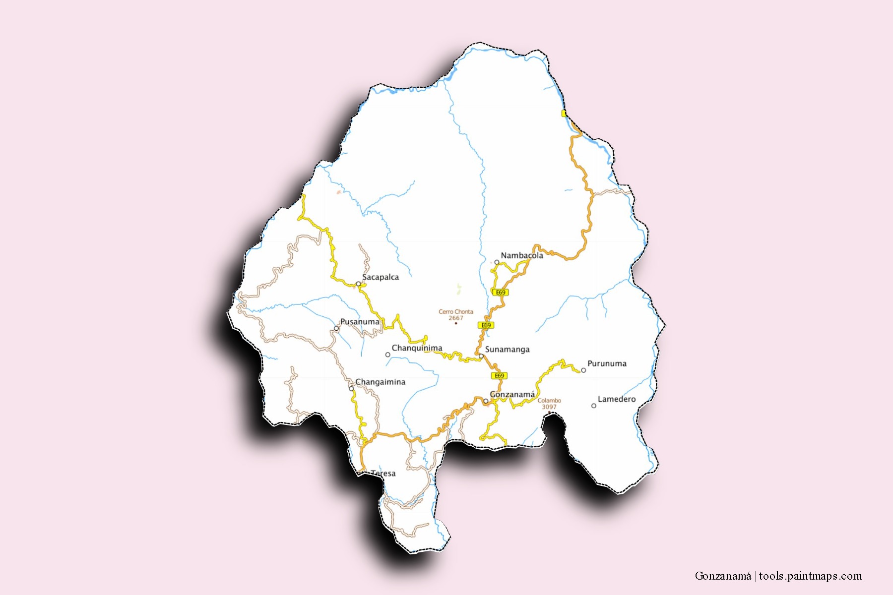 Mapa de barrios y pueblos de Gonzanamá con efecto de sombra 3D