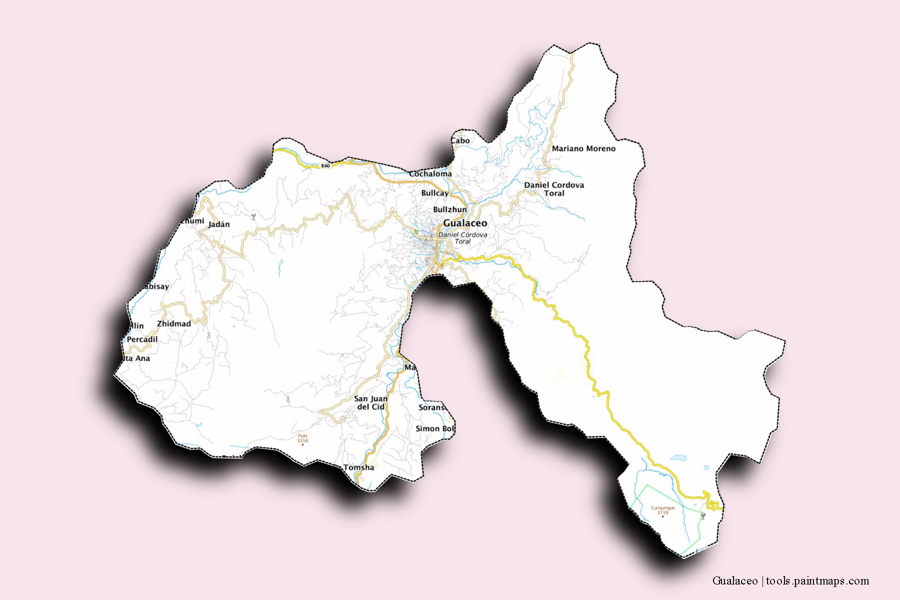 Mapa de barrios y pueblos de Gualaceo con efecto de sombra 3D