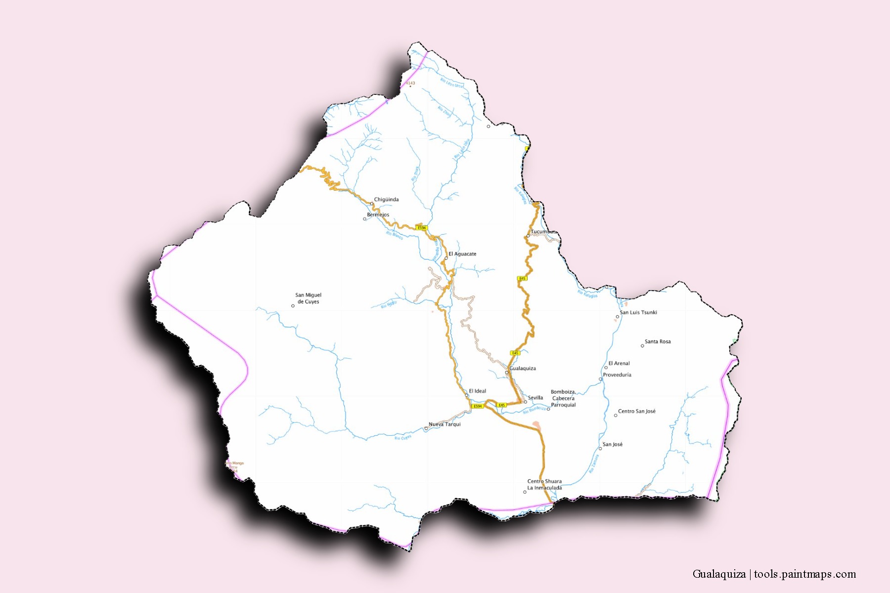 Gualaquiza neighborhoods and villages map with 3D shadow effect