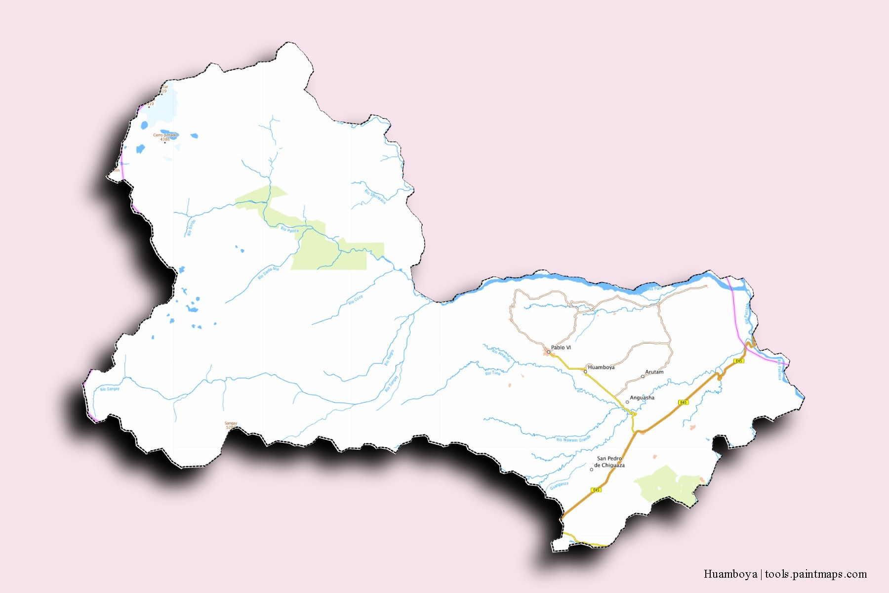 Mapa de barrios y pueblos de Huamboya con efecto de sombra 3D