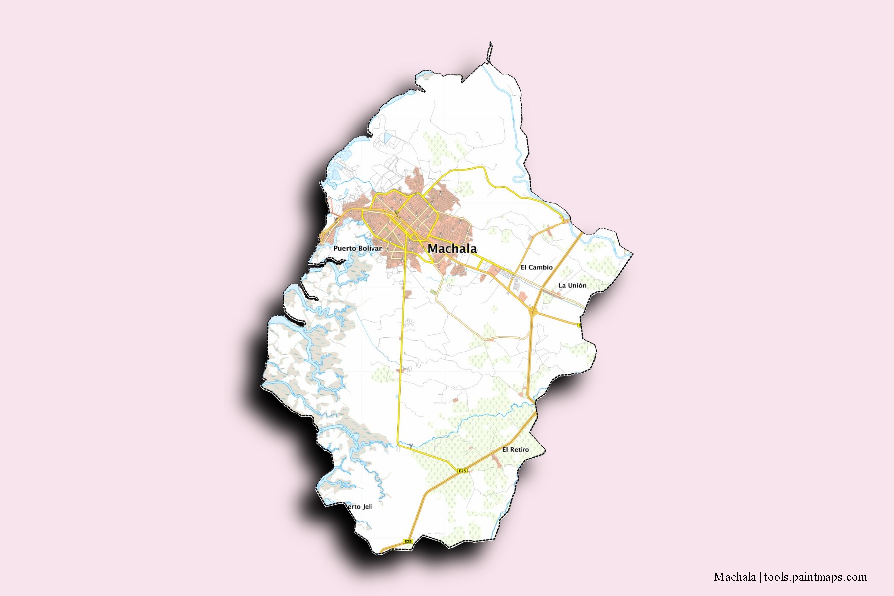 Machala neighborhoods and villages map with 3D shadow effect