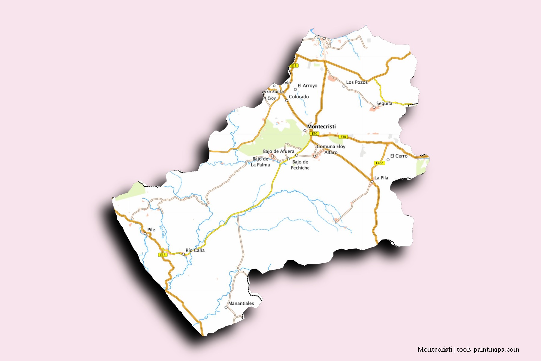 Montecristi neighborhoods and villages map with 3D shadow effect