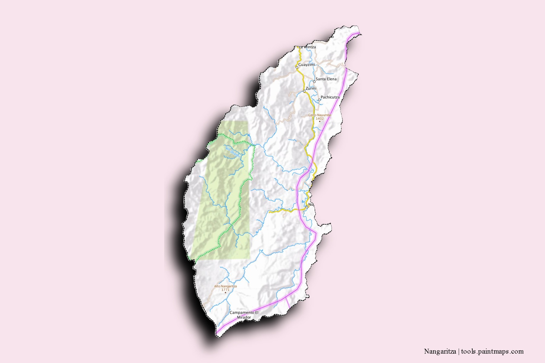 Mapa de barrios y pueblos de Nangaritza con efecto de sombra 3D