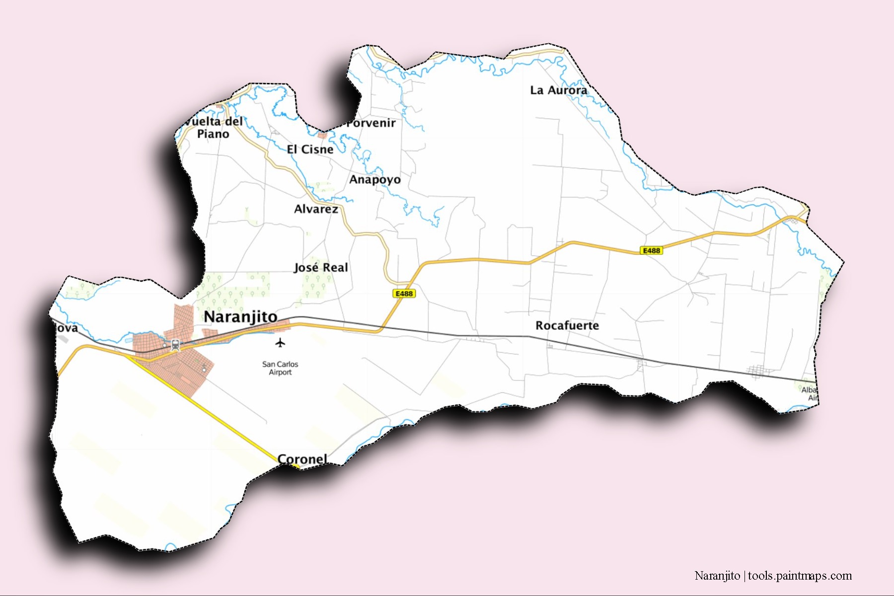 Mapa de barrios y pueblos de Naranjito con efecto de sombra 3D