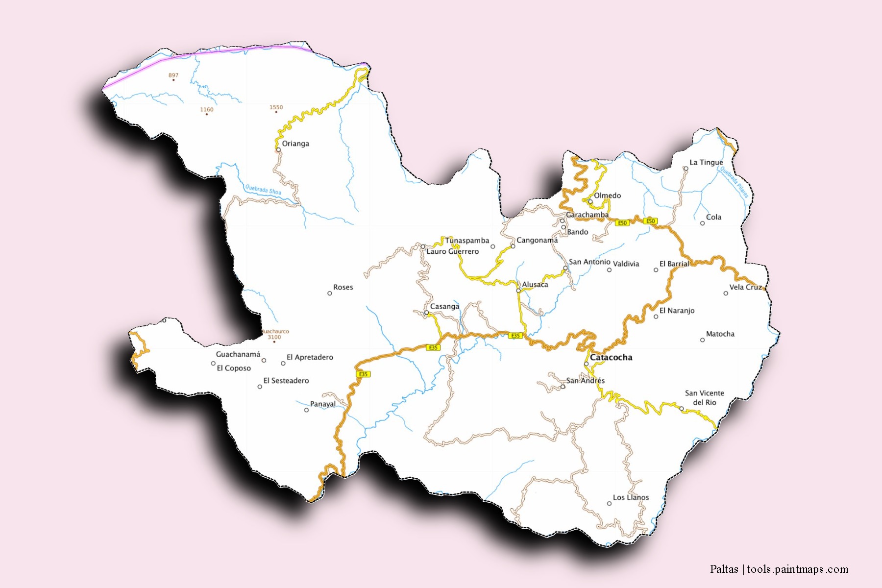 Mapa de barrios y pueblos de Paltas con efecto de sombra 3D