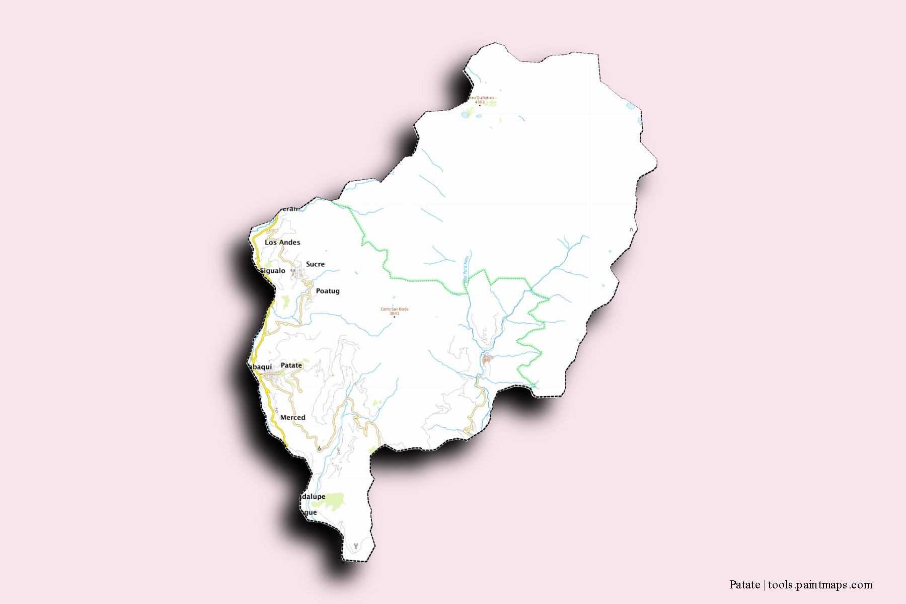 Mapa de barrios y pueblos de Patate con efecto de sombra 3D