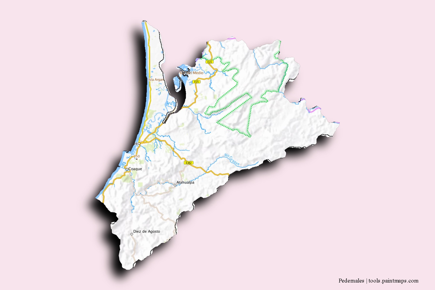 Mapa de barrios y pueblos de Pedernales con efecto de sombra 3D