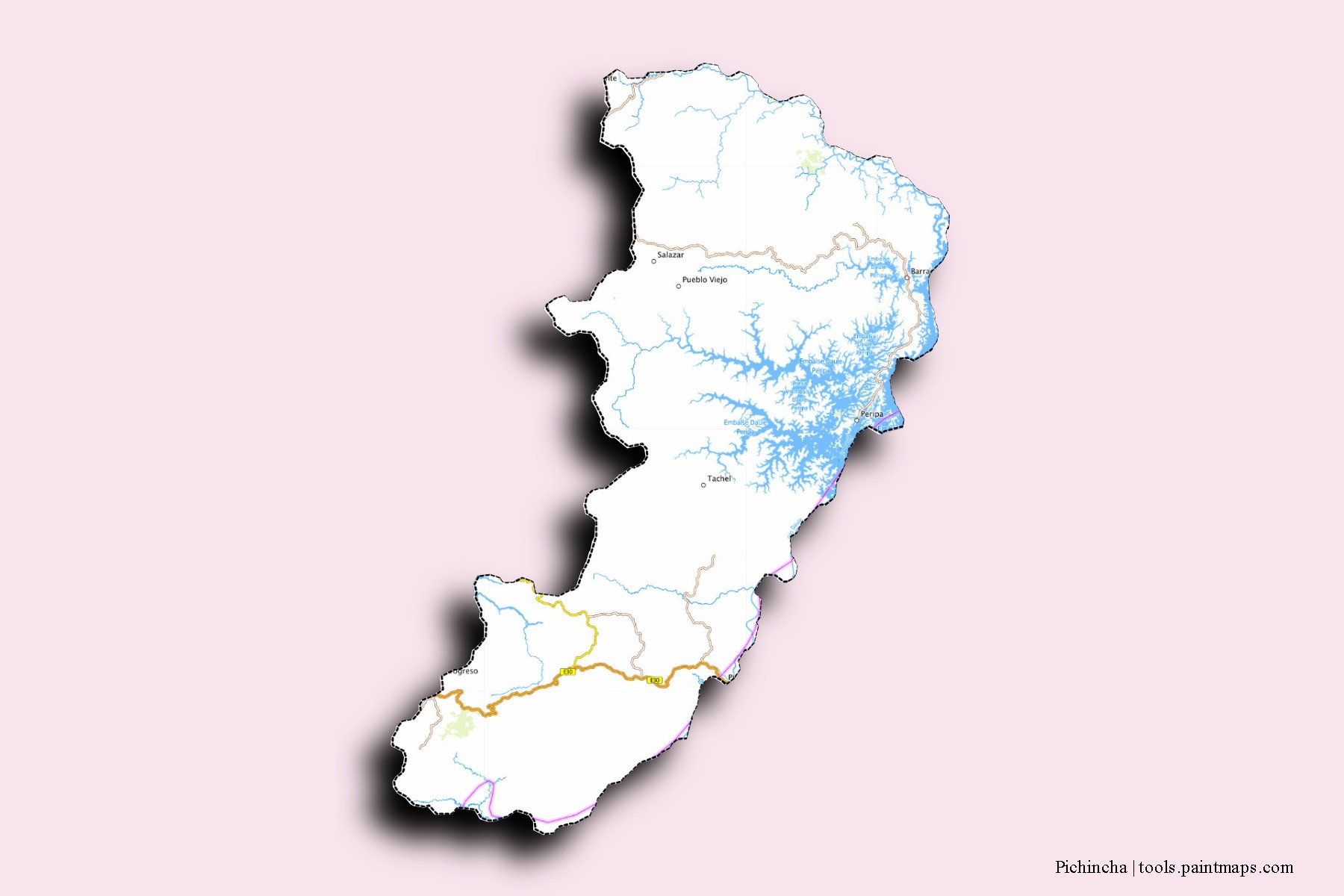 Mapa de barrios y pueblos de Pichincha con efecto de sombra 3D