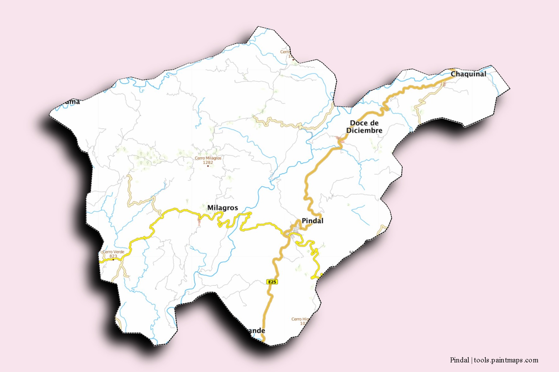 Mapa de barrios y pueblos de Pindal con efecto de sombra 3D