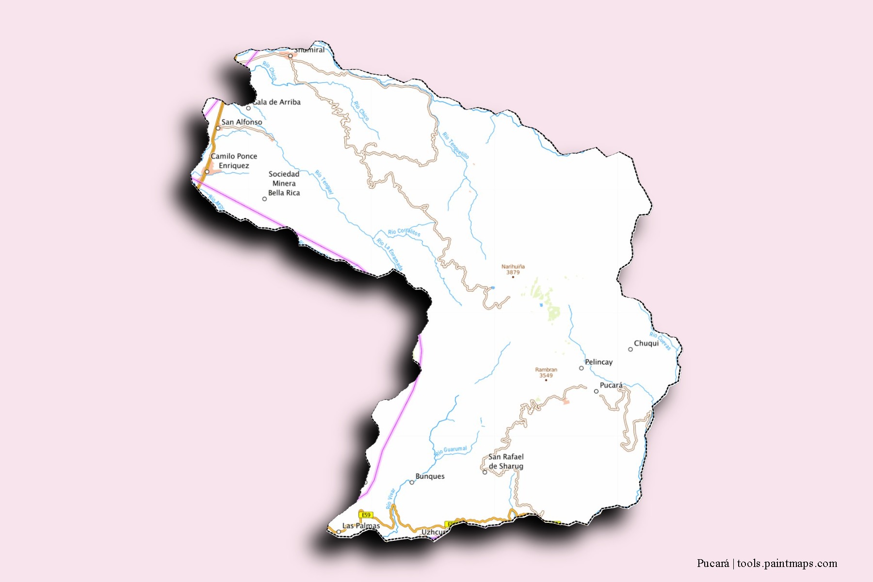 Mapa de barrios y pueblos de Pucará con efecto de sombra 3D