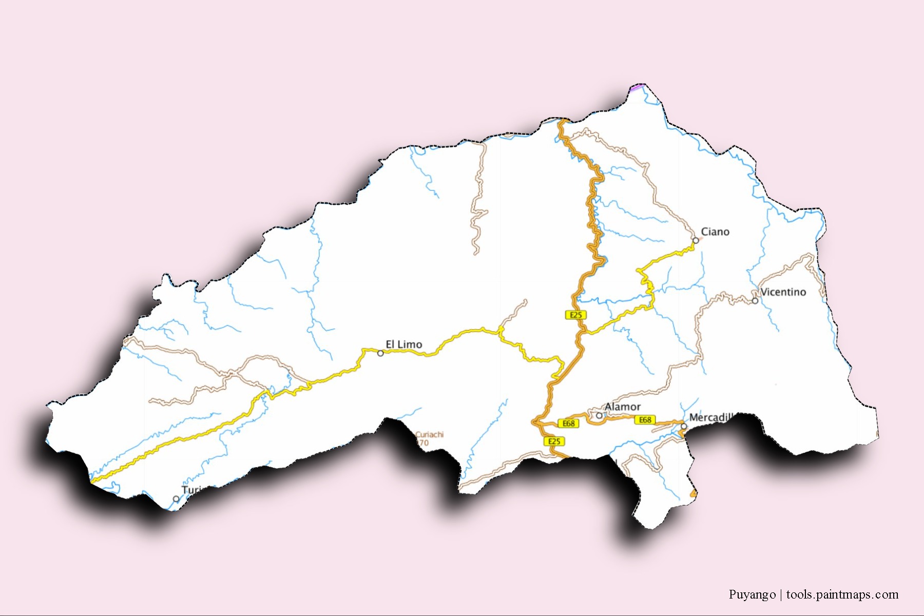 Mapa de barrios y pueblos de Puyango con efecto de sombra 3D