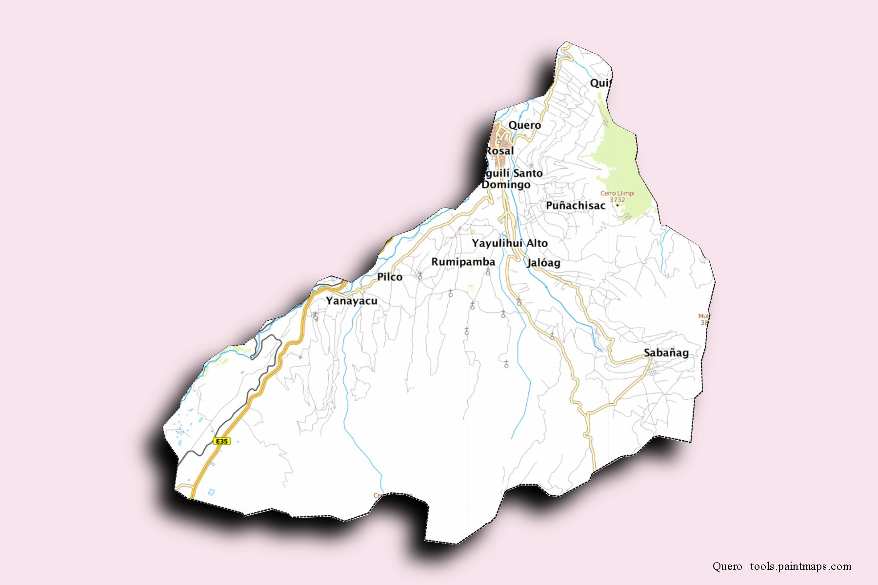 Mapa de barrios y pueblos de Quero con efecto de sombra 3D