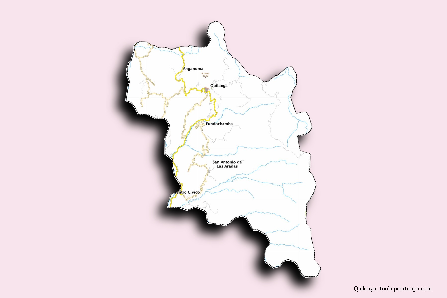 Mapa de barrios y pueblos de Quilanga con efecto de sombra 3D